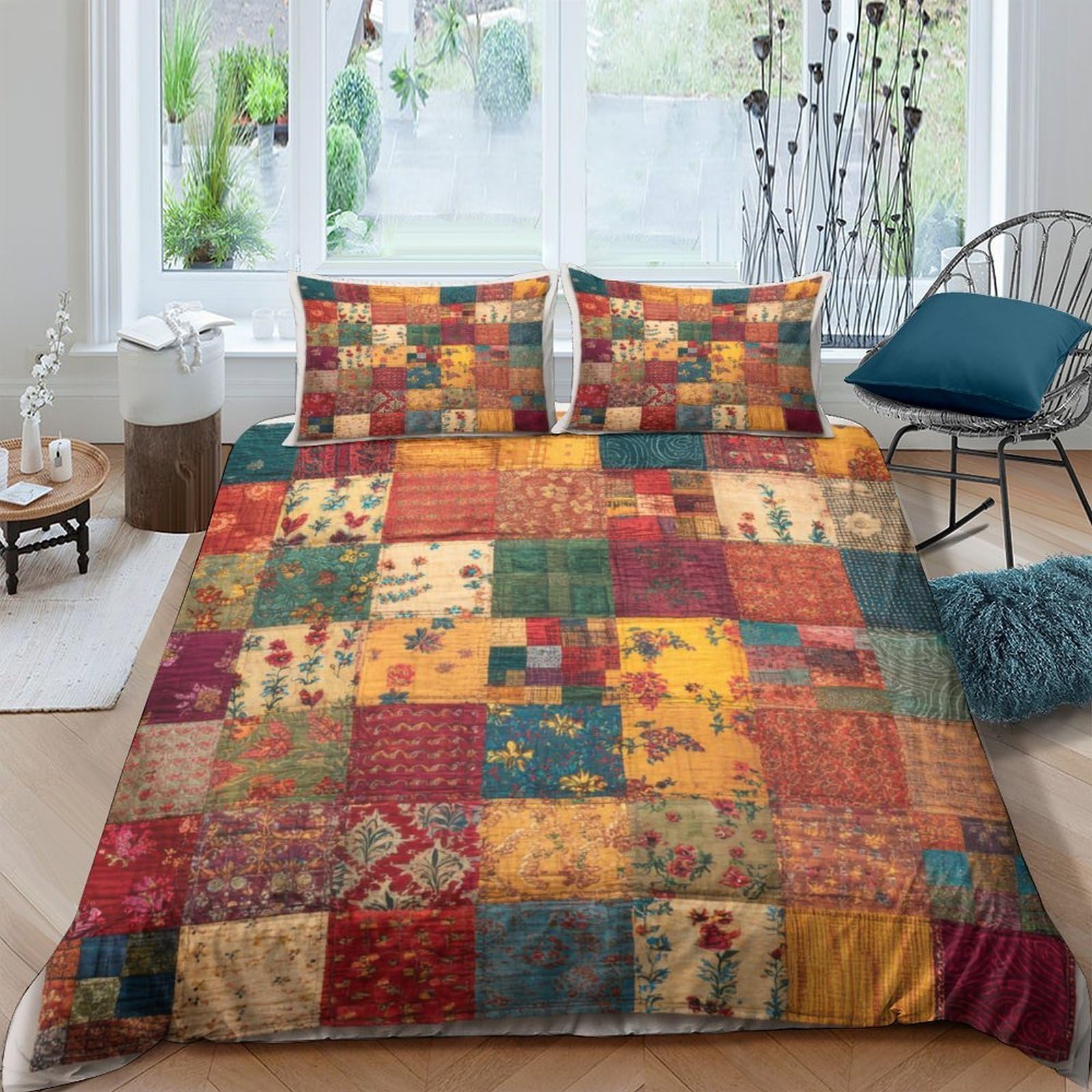 Ctjqhvkz Style-7 3D Printed Patchwork Vintage Fitted Sheet Microfiber Soft Retro Quilt Mattress Cover For Bedroom Guest Room Easy Care Single（135X200cm）