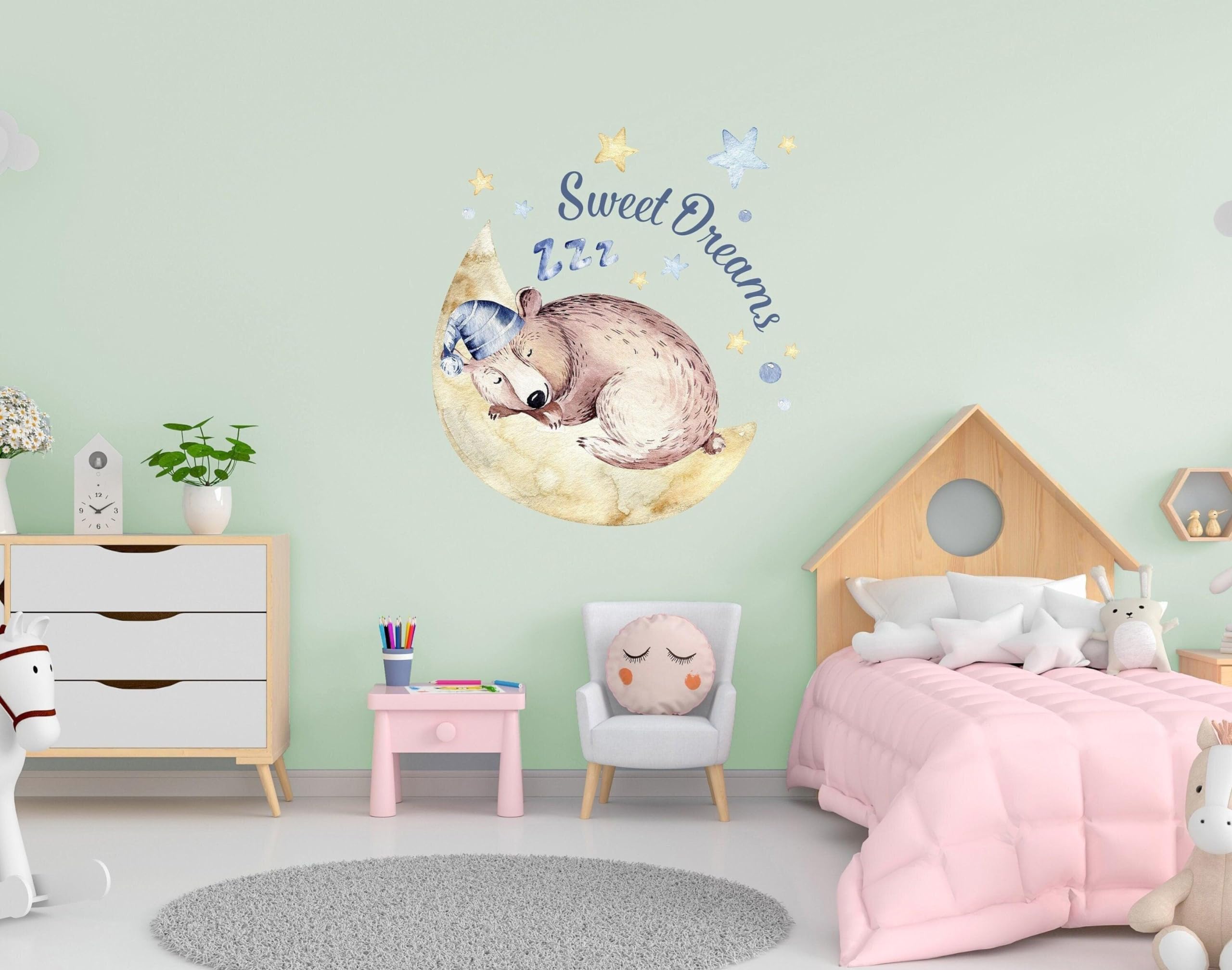 Adorable calcomanía de pared con diseño de cielo de animales infantiles, decoración creativa para habitación de niños, el conejito dormilón