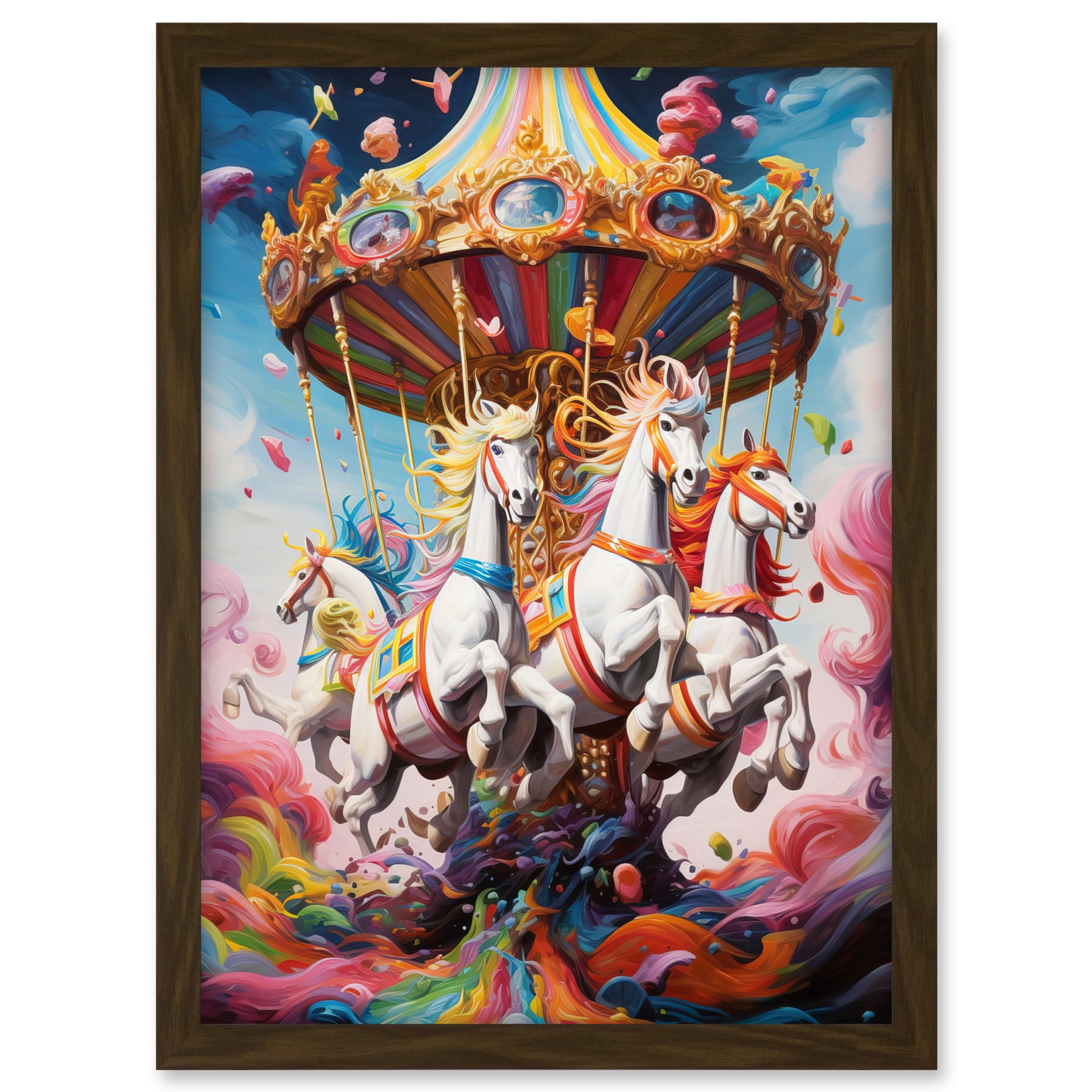 Artery8 Magical Carousel in Rainbow Clouds Bright Bold Vibrant Fantasy Kids Bedroom Baby Nursery Artwork Framed A3 Wall Art Print
