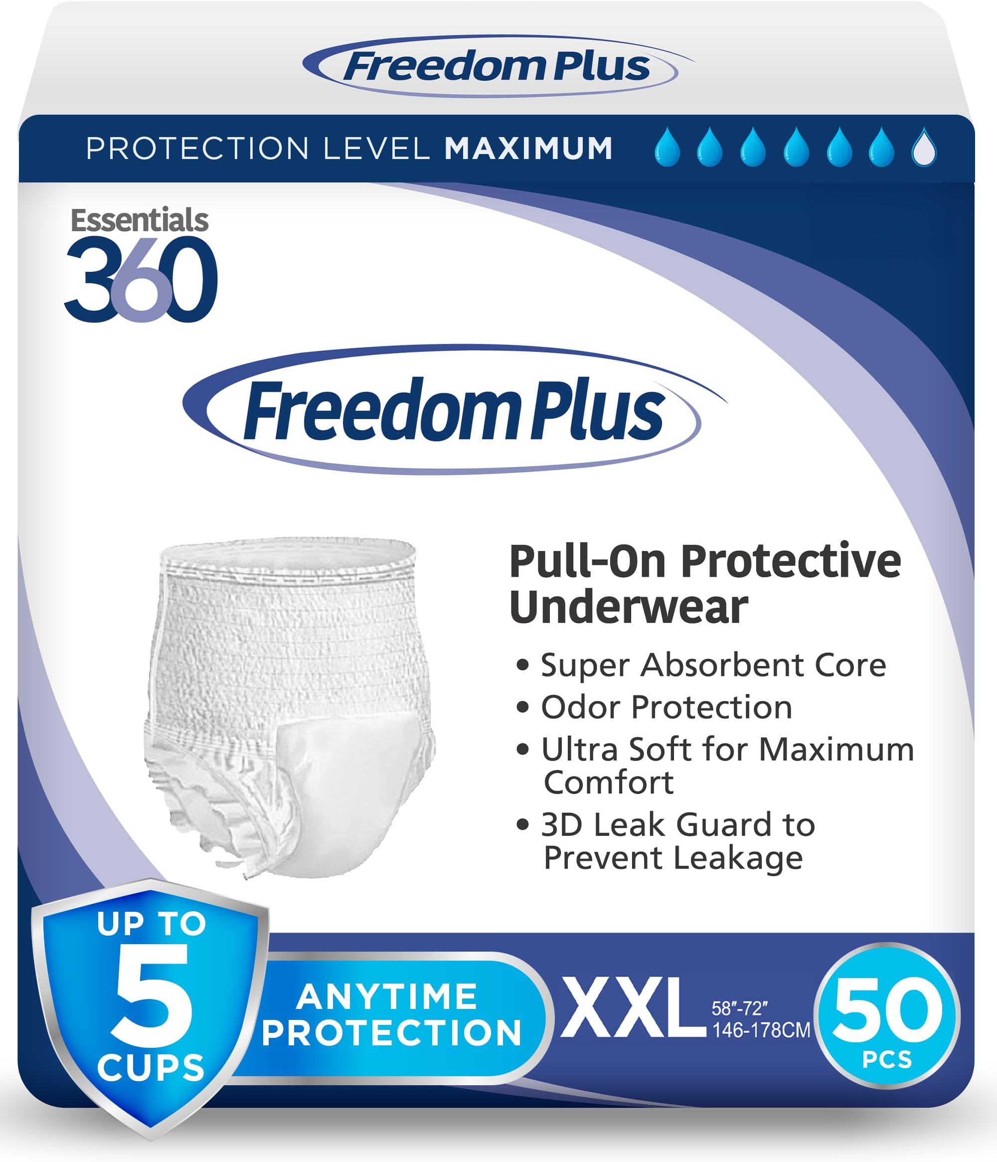 Freedom Plus XXL Adult Diapers, Maximum Absorbency Incontinence Underwear for Men and Women, 3D Leak Guard, 360° Comfort Fit, Odor Control – XXL, 50 Count