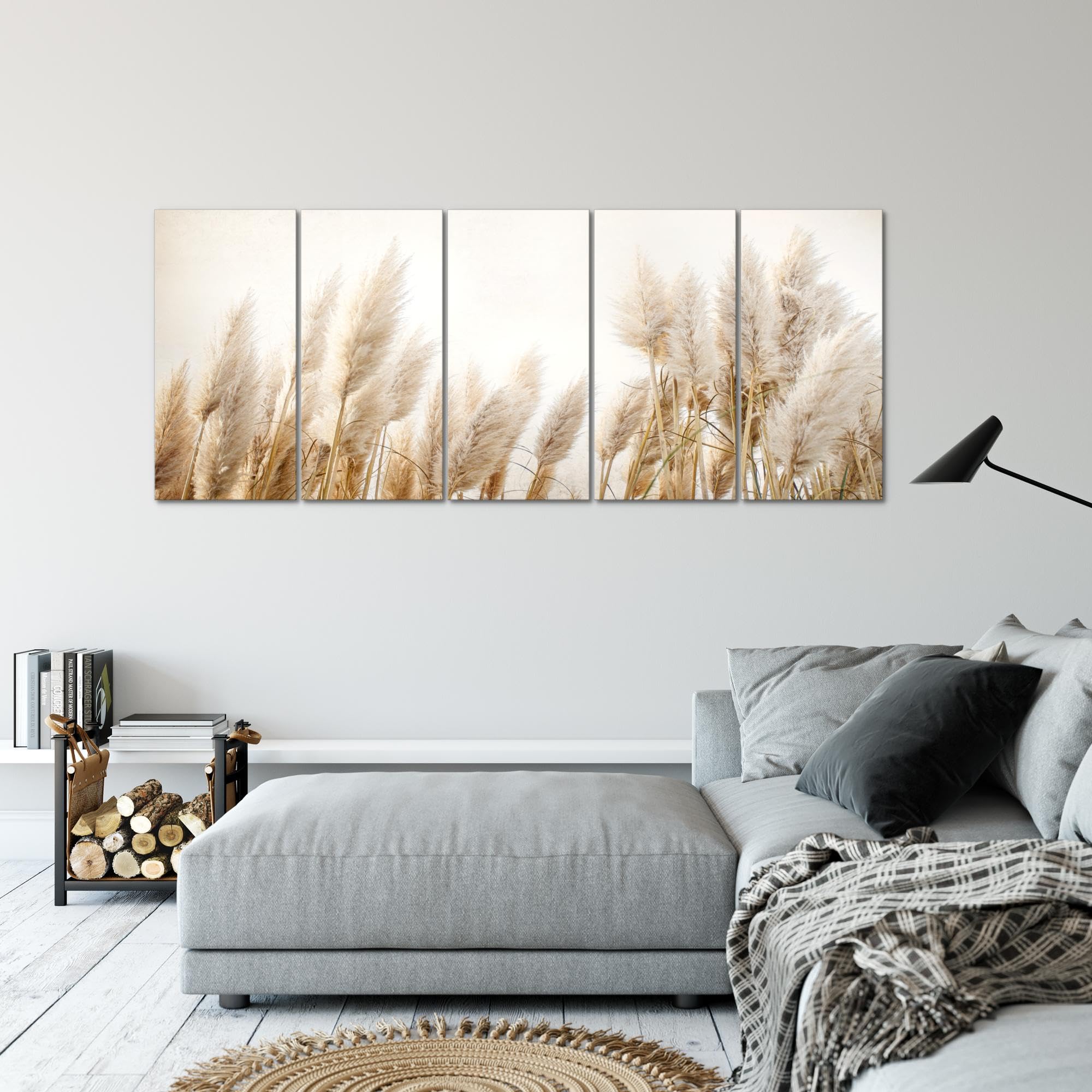 Runa Art Cuadro XXL Boho hierba de la pampa 200 x 80 cm Beige 5 Piezas - Made in Germany - 044455a