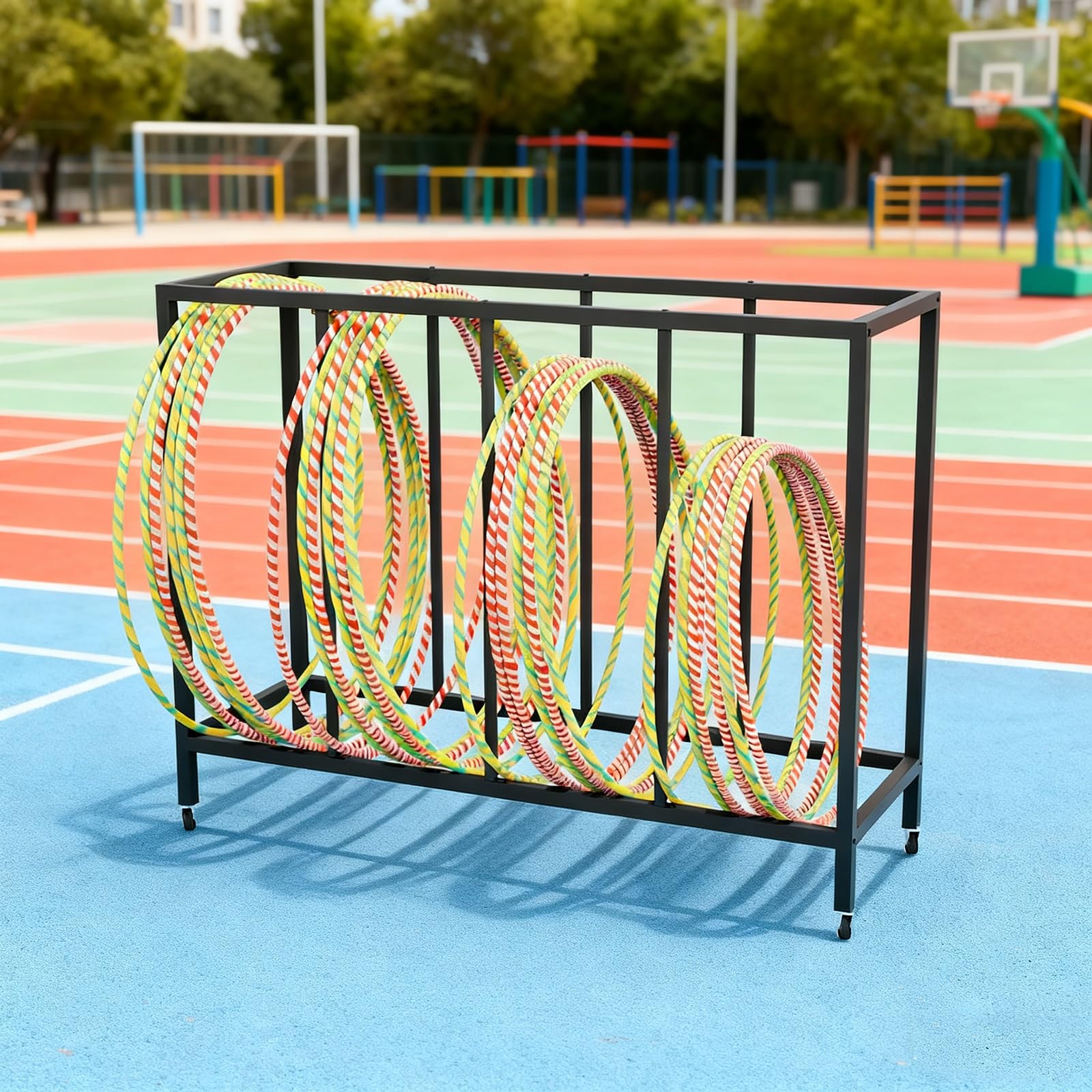 Hula Hoop uchwyt na kółkach Hula Hoop stojak na kółkach, mobilny organizer do studia jogi wewnątrz i na zewnątrz, oszczędność miejsca.