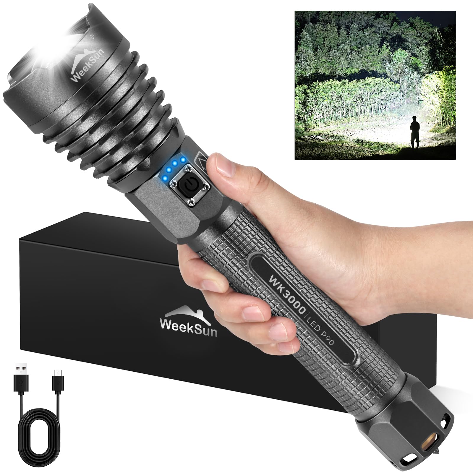 WEEKSUN Torcia LED Ricaricabile USB, 150,000 Lumens Torcia Led Potente Professionale, Torcia LED Potente Professionale, IP67 Impermeabile con 3 Modalità per Campeggio, Escursionismo, Emergenze