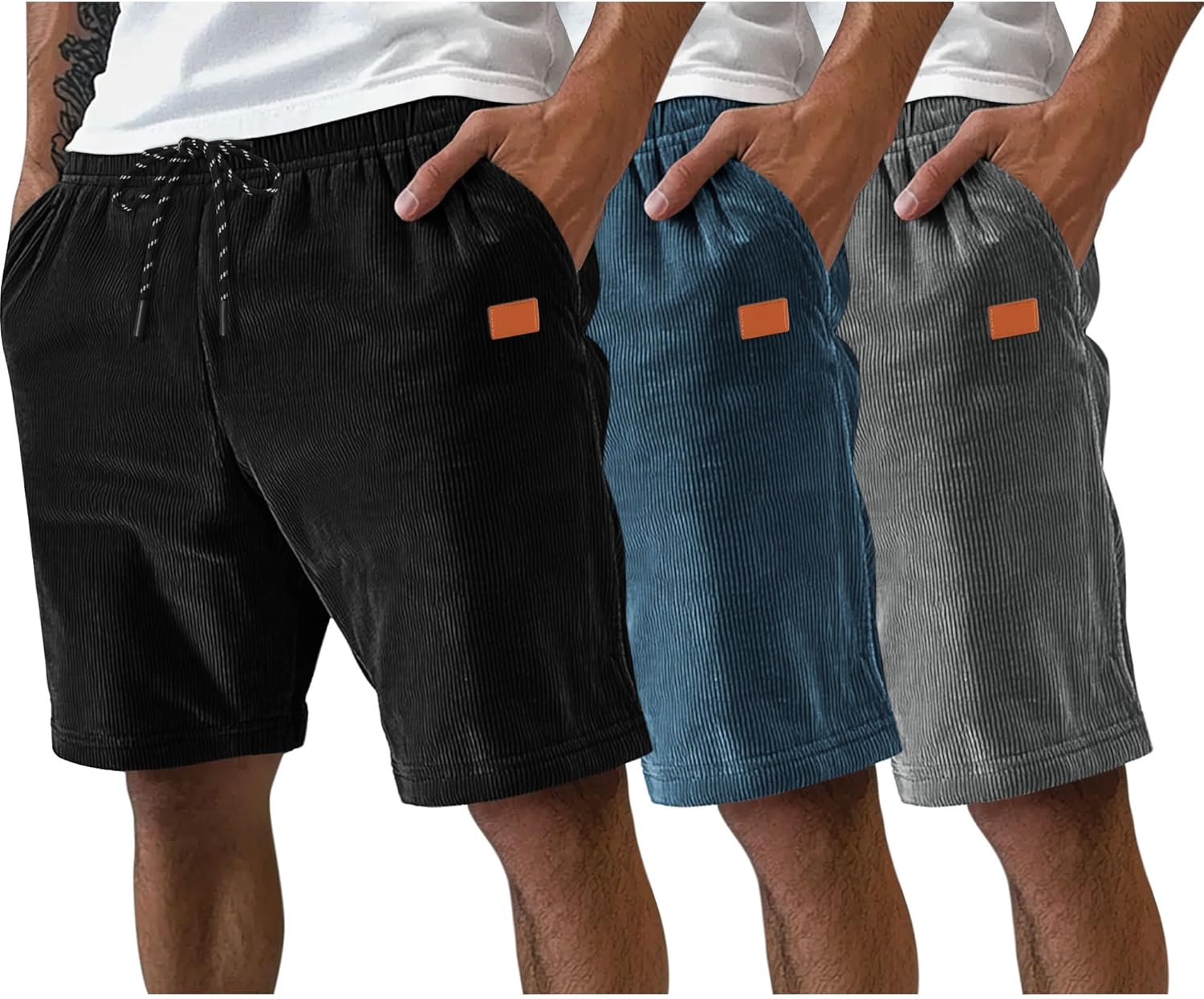 Neer 3 Pack Men's Corduroy Shorts Casual Elastic Waist Drawstring Lightweight Summer Beach Loose Fit Shorts with 3 Pockets