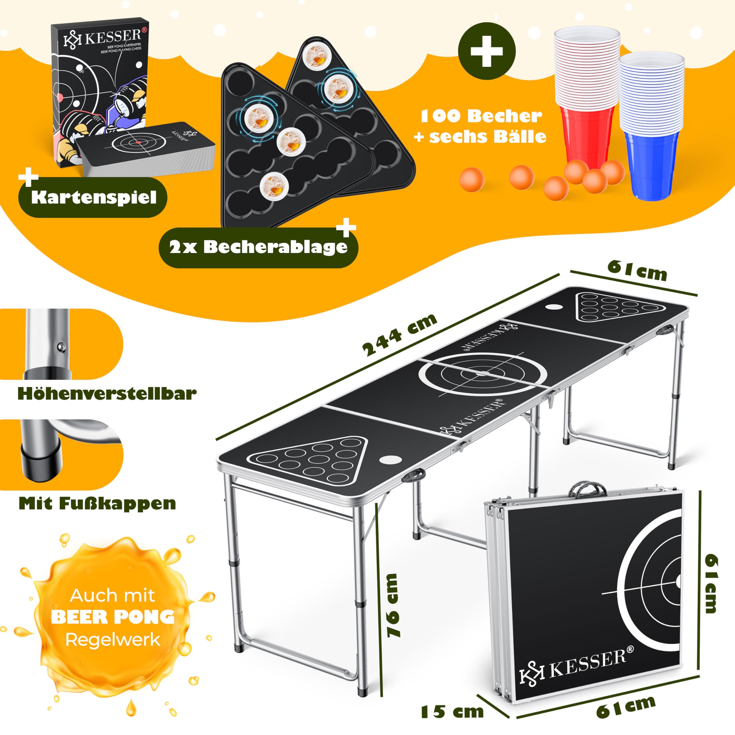 KESSER® Beer Pong Set da Tavolo con Gioco di Carte, con 100 Bicchieri (50 Rossi e 50 Blu), 6 Palline + Set di Regole, Tavolo per Feste, Regolabile in Altezza, Classic + Carte