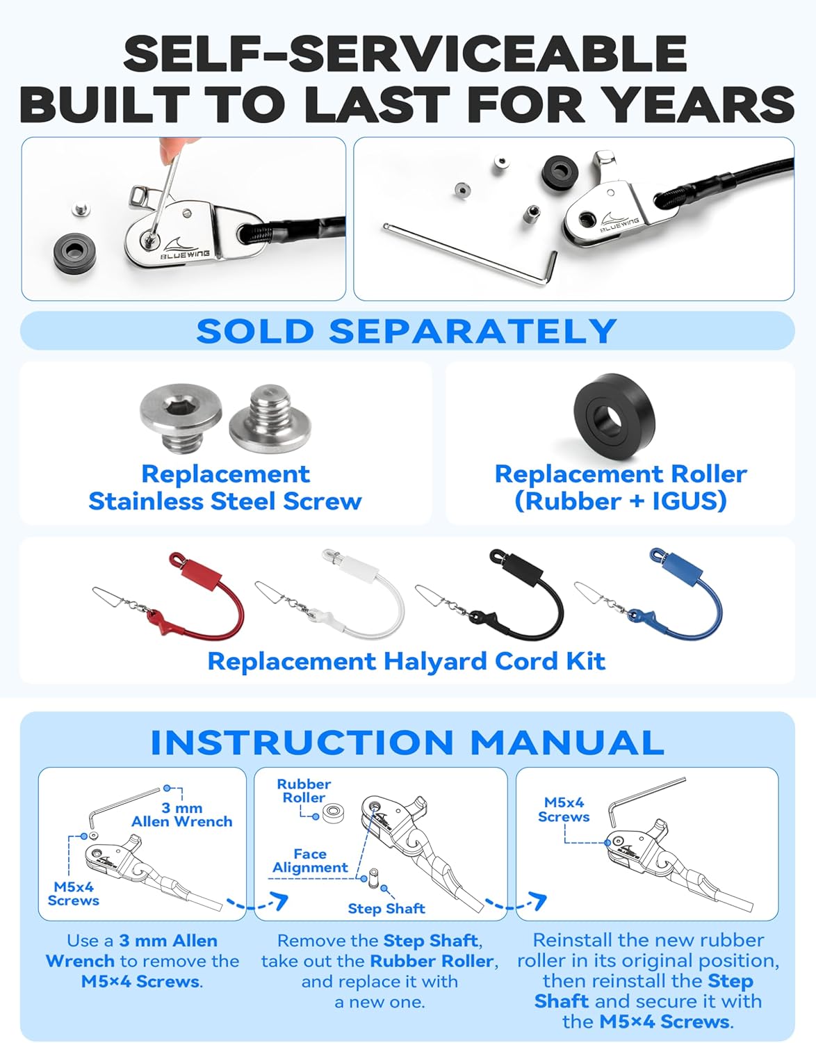 BLUEWING Self-serviceable Outrigger Line Lock Pro 316L Stainless Steel Heavy-Duty Detachable Outrigger Halyard Lock Pulley for Offfshore Fishing, Single