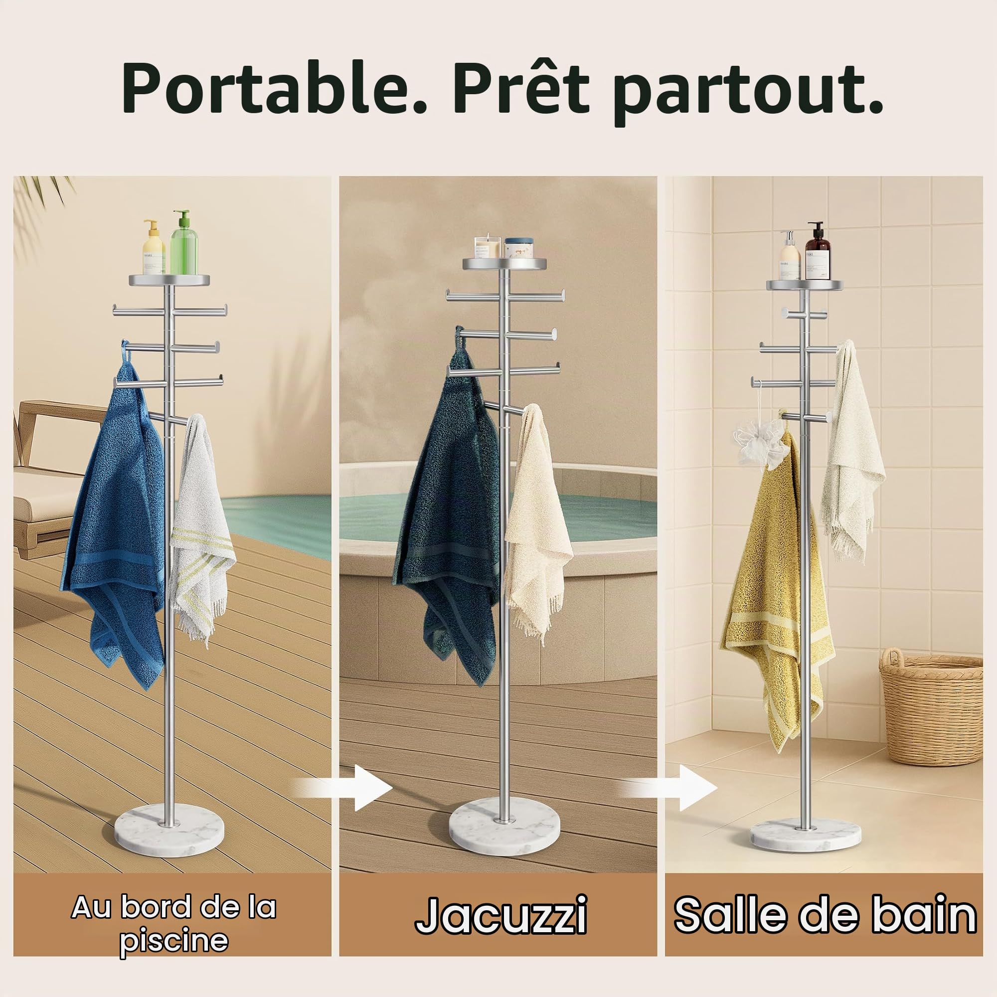 KES OTR204-2 Porte-serviettes de piscine à 8 bras en marbre naturel avec base de poids supplémentaire, réglable à 360 °, porte-serviettes d'extérieur pour piscine et jacuzzi avec plateau de rangement