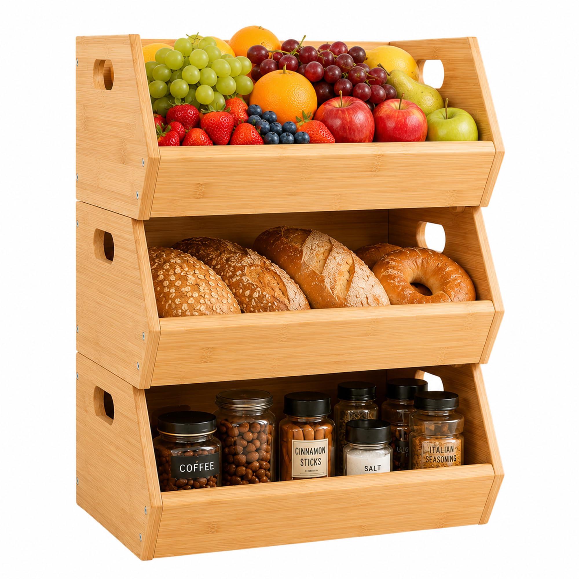 ADEL DREAM Panier à Fruits en Bambou à 3 Niveaux, Paniers Amovibles | 3 paniers séparés ou empilés, parfaits pour fruits, légumes, pain, snacks et objets du quotidien