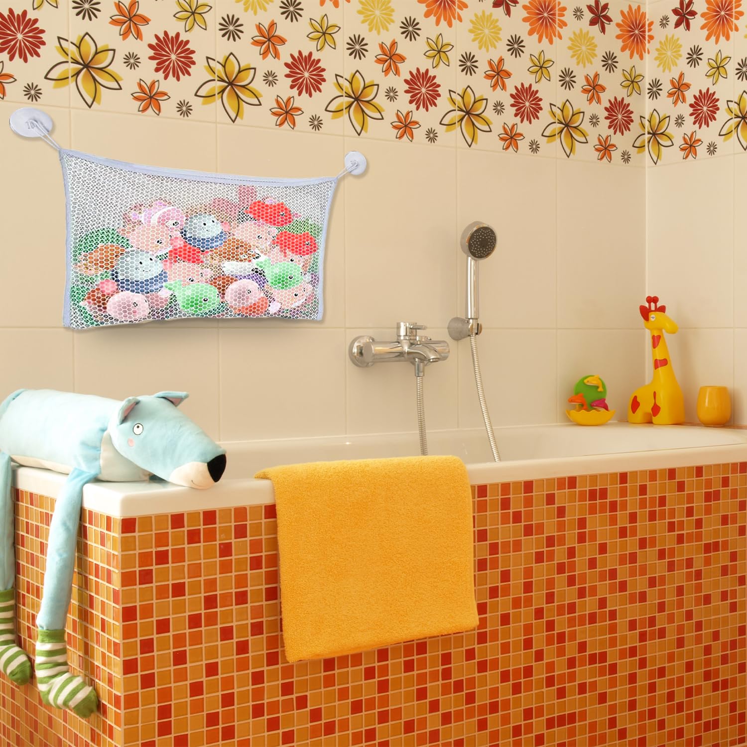 Red de Almacenamiento para Juguetes de Baño (35x45cm) con Ventosas y Ganchos Adhesivos, Organizador Juguetes Niños, Bolsa de Malla para Baño y Bebés