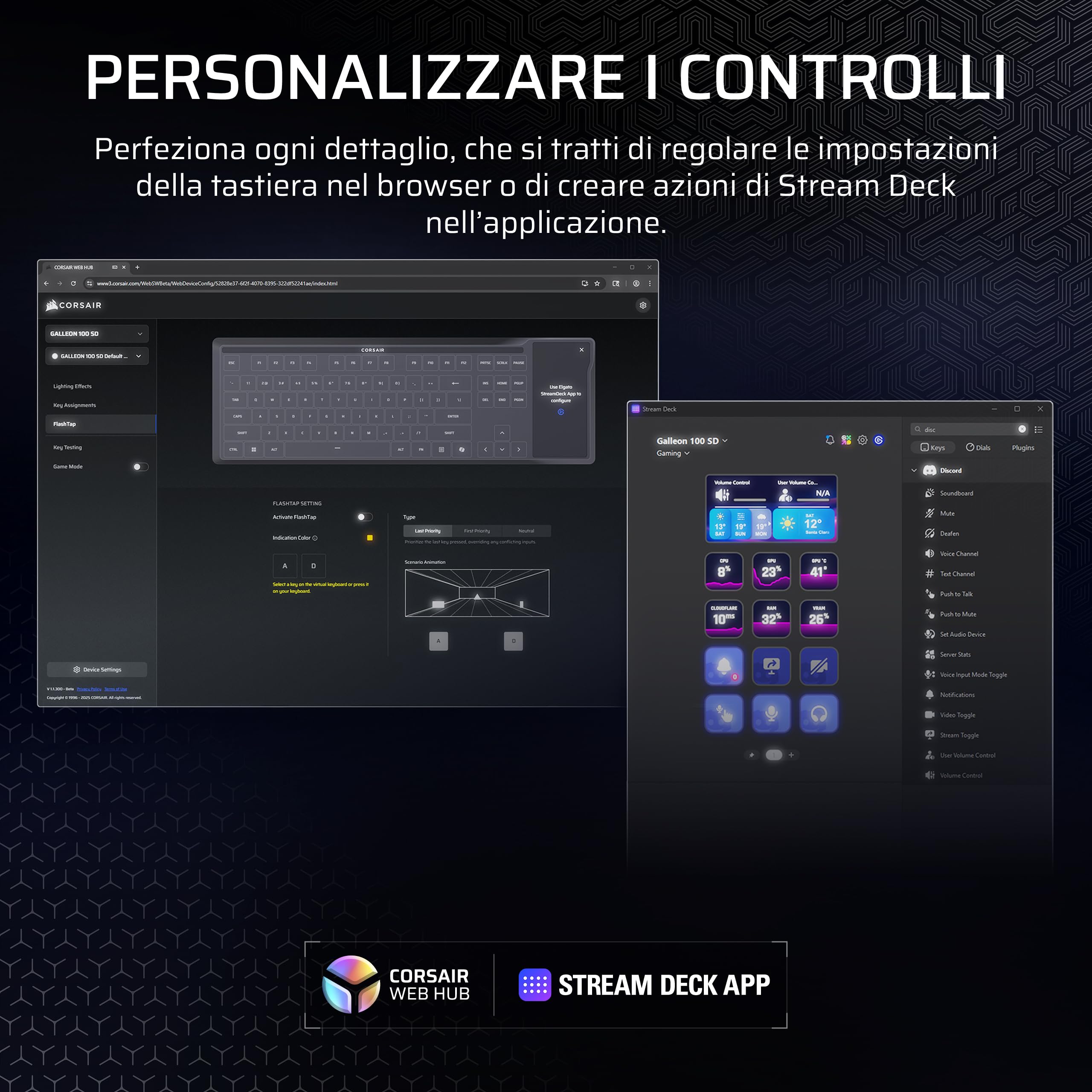 Corsair GALLEON 100 SD RGB Tastiera da Gioco Meccanica Cablata – QWERTY IT | Elgato Stream Deck Integrato, Interruttori MLX Pulse Thocky Lubrificati e Sostituibili a Caldo, FlashTap SOCD, 8,000Hz