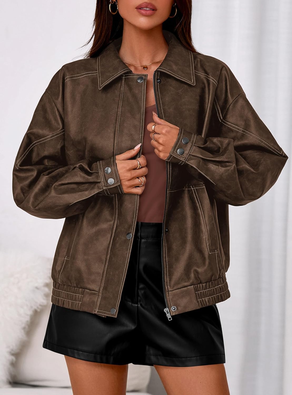 PRETTYGARDEN Faux Leather Jacket Women Bomber Motorcycle Zip Up Jackets Oversized Fall Fashion Outfits 2026 Winter Coats - Image 2