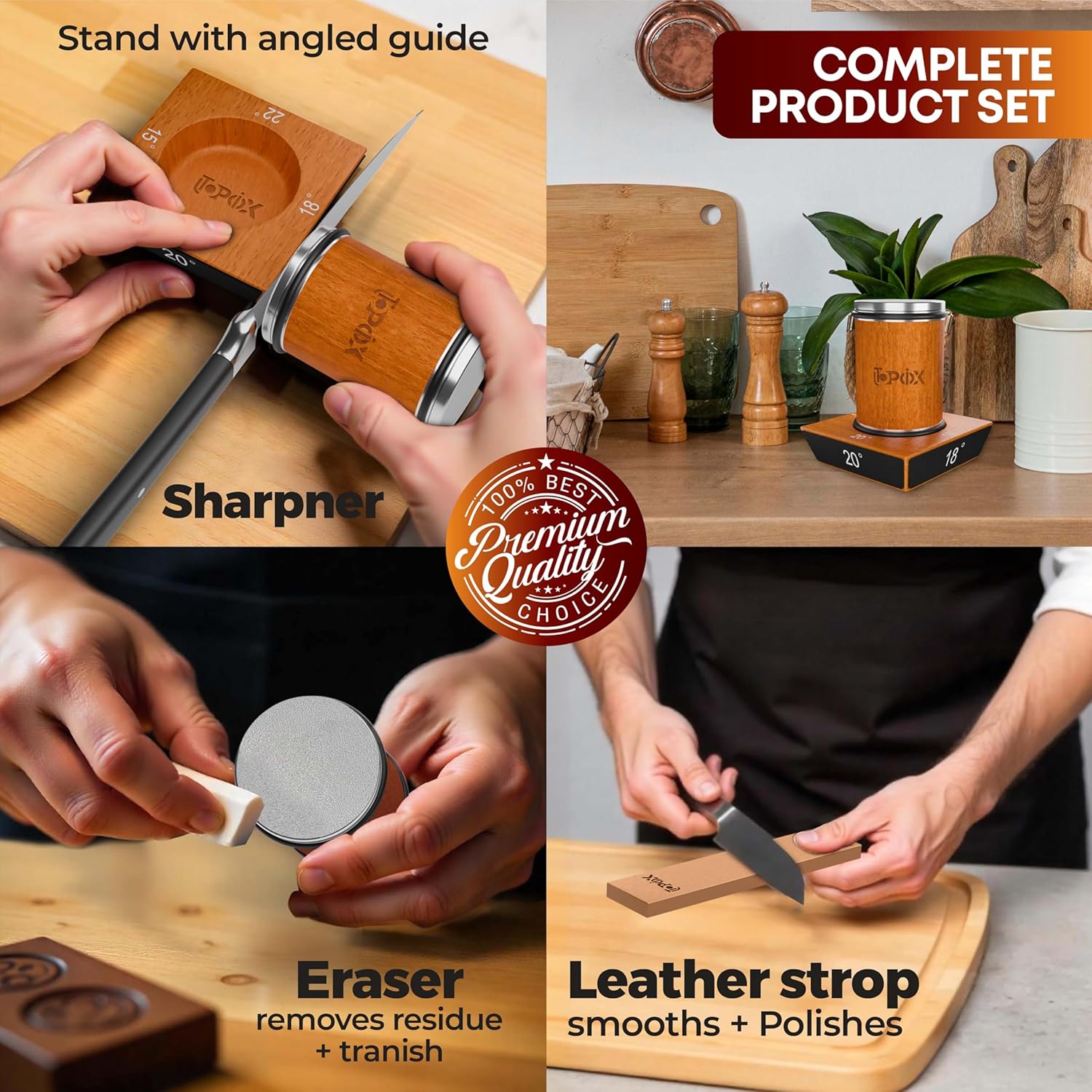 Rolling Knife Sharpener Kit – 4 Angles (15°,18°,20°,22°) – Includes Diamond, Ceramic & Honing Discs with Leather Strop – Ideal for Home Cooks & Professional Chefs