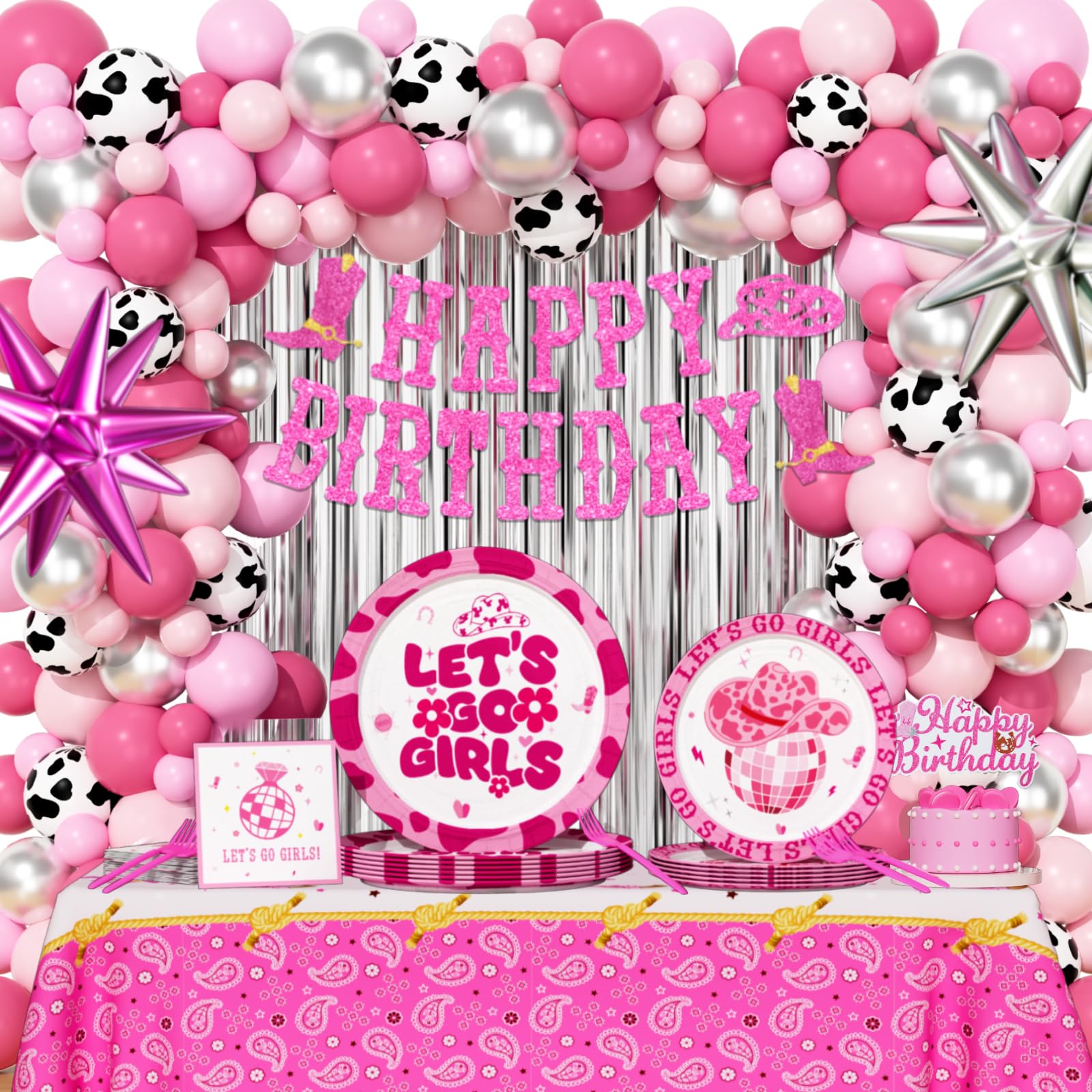 Kit Anniversaire Fille Rose Argent 22 Pièces Décoration Cowgirl Disco