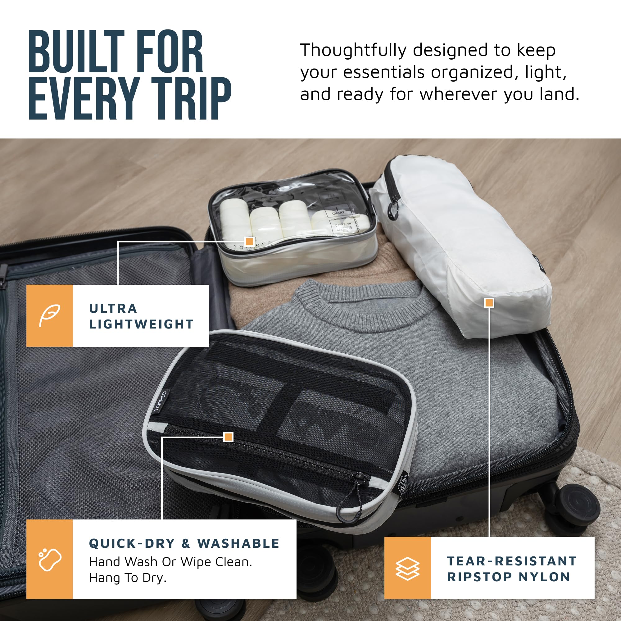 Zestaw kosmetyków: wisząca podróżna kosmetyczka + 311 TSA kosmetyczka na płyny + ultralekka torba na akcesoria organizer, Biały Ripstop, Carry-On Quart Size, 3-częściowy zestaw kosmetyków