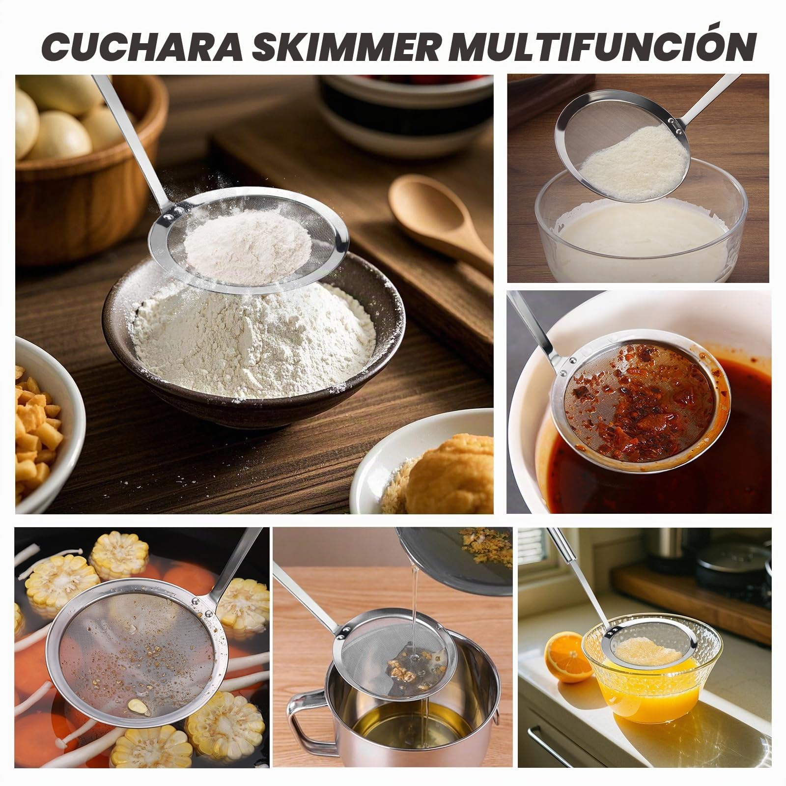 Paleta de espuma de acero inoxidable, juego de colador, colador, cuchara de cocina, colador, colador de araña, paleta de araña, cucharón de telaraña para cocinar, asar, guisar, olla caliente