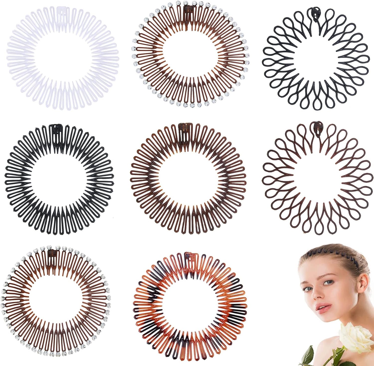 Full Circular Stretch Comb 8 Pcs Comb Headband for Women Girls Wavy