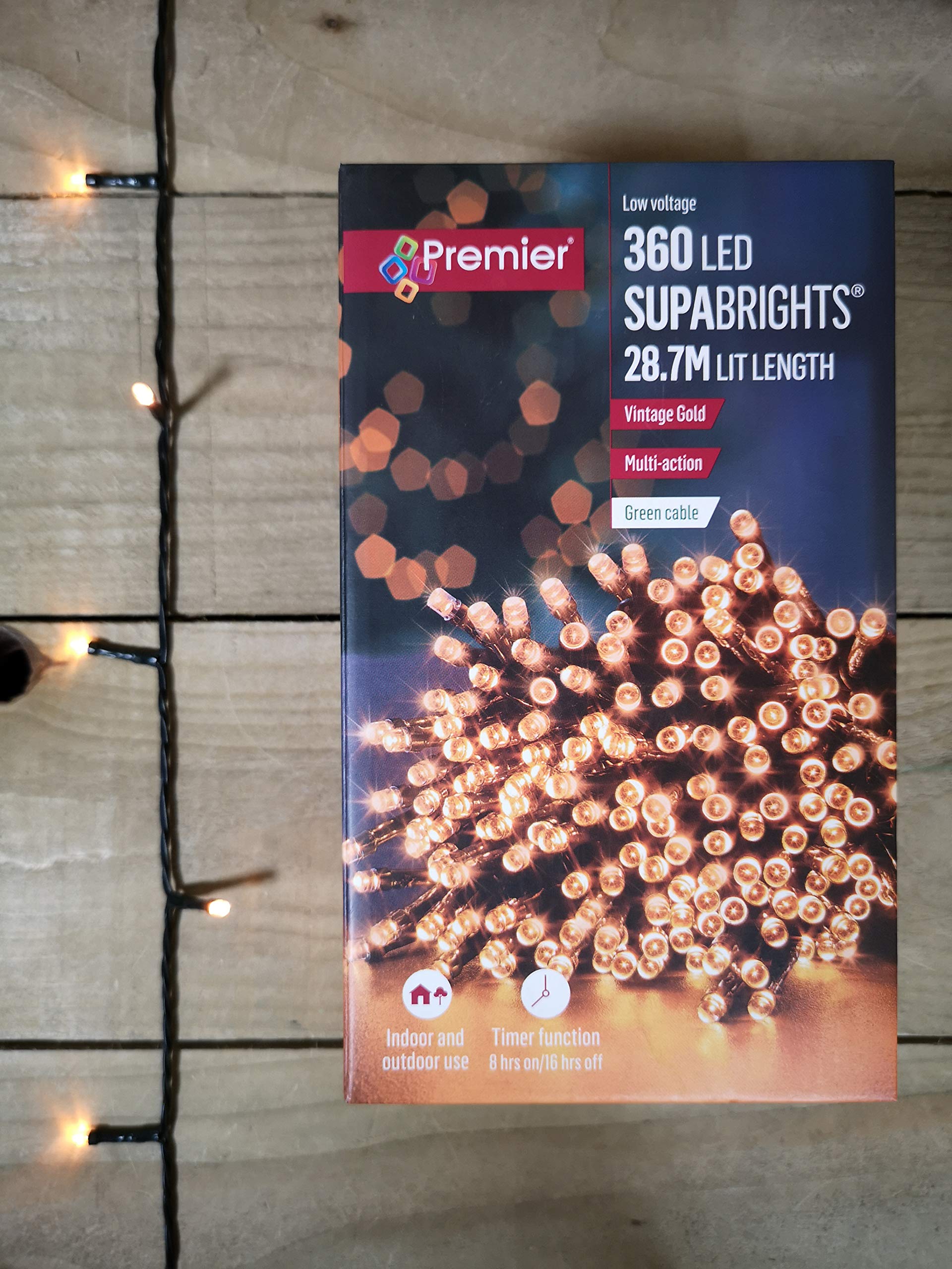 Premier 360 Led Supabright Christmas Lights With Timer 8H On/16H Off - 28.7M, Vintage Cable, 8M Lead, 8 Modes, Indoor/Outdoor Gold/Green