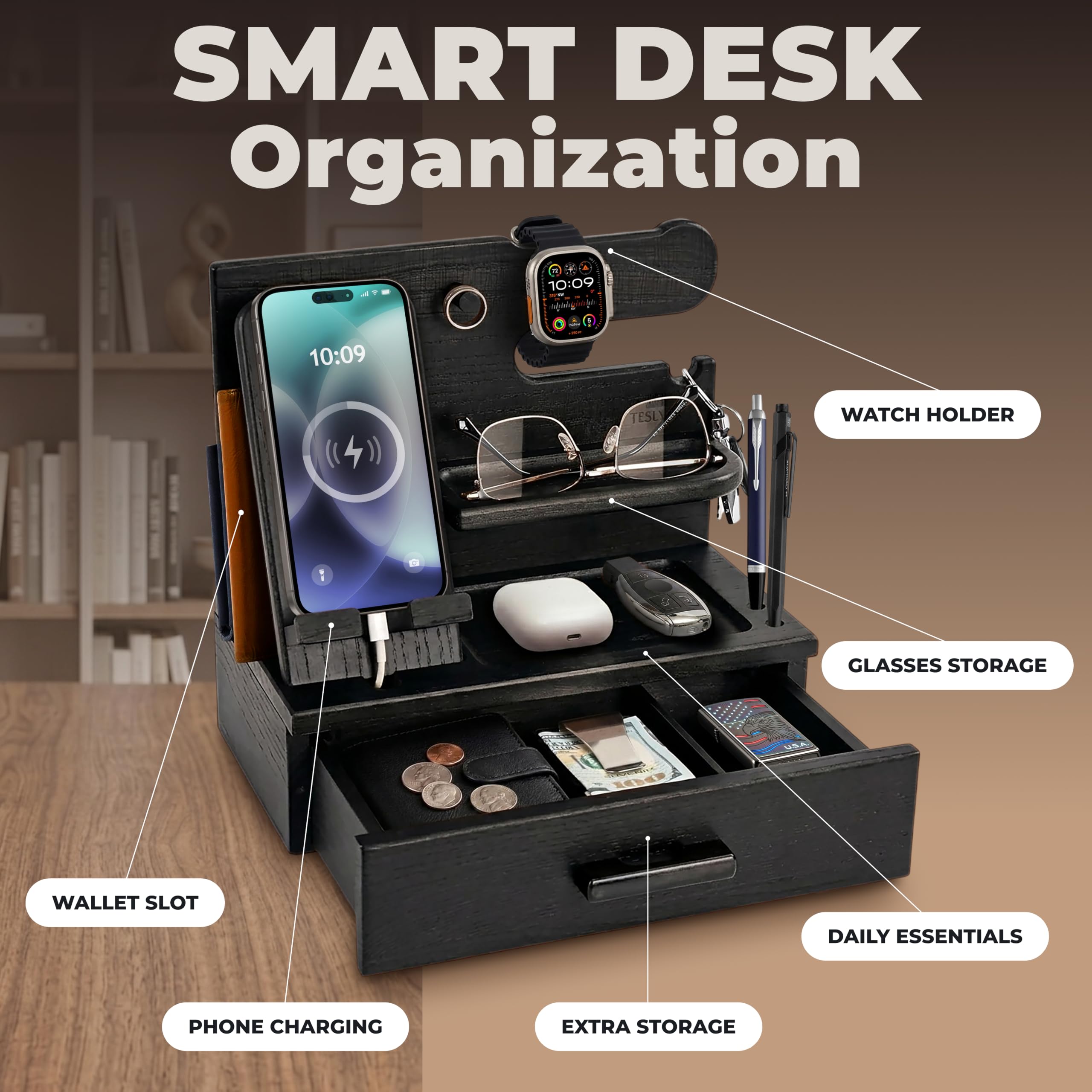TESLYAR Docking station per telefono in legno con cassetto, organizer da comodino, organizzatore da scrivania per marito, regalo di compleanno per uomini, papà, idea di compleanno, portachiavi