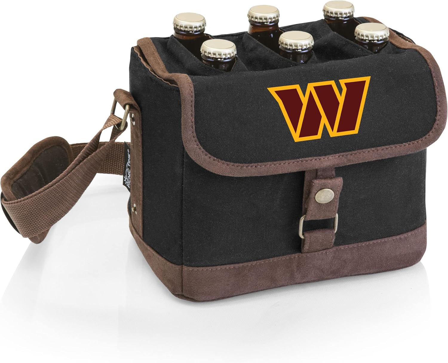 PICNIC TIME NFL Washington Commanders Beer Caddy, Beer Cooler Tote with Opener, 6-Pack Cooler, Gifts for Beer Lovers, (Black with Brown Accents)