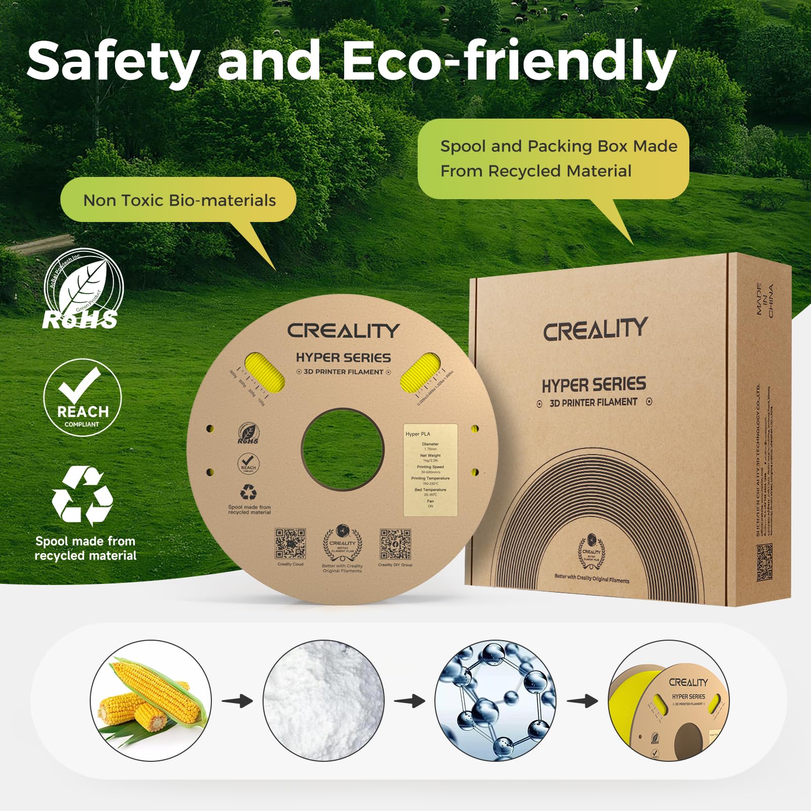 Creality Official Hyper PLA Filament Giallo 1KG, Filamento per Stampanti 3D per la Stampa ad Alta Velocità, Durevole e Resistente, Liscio, Prestazioni a Sbalzo Precisione Dimensionale +/-0,03mm