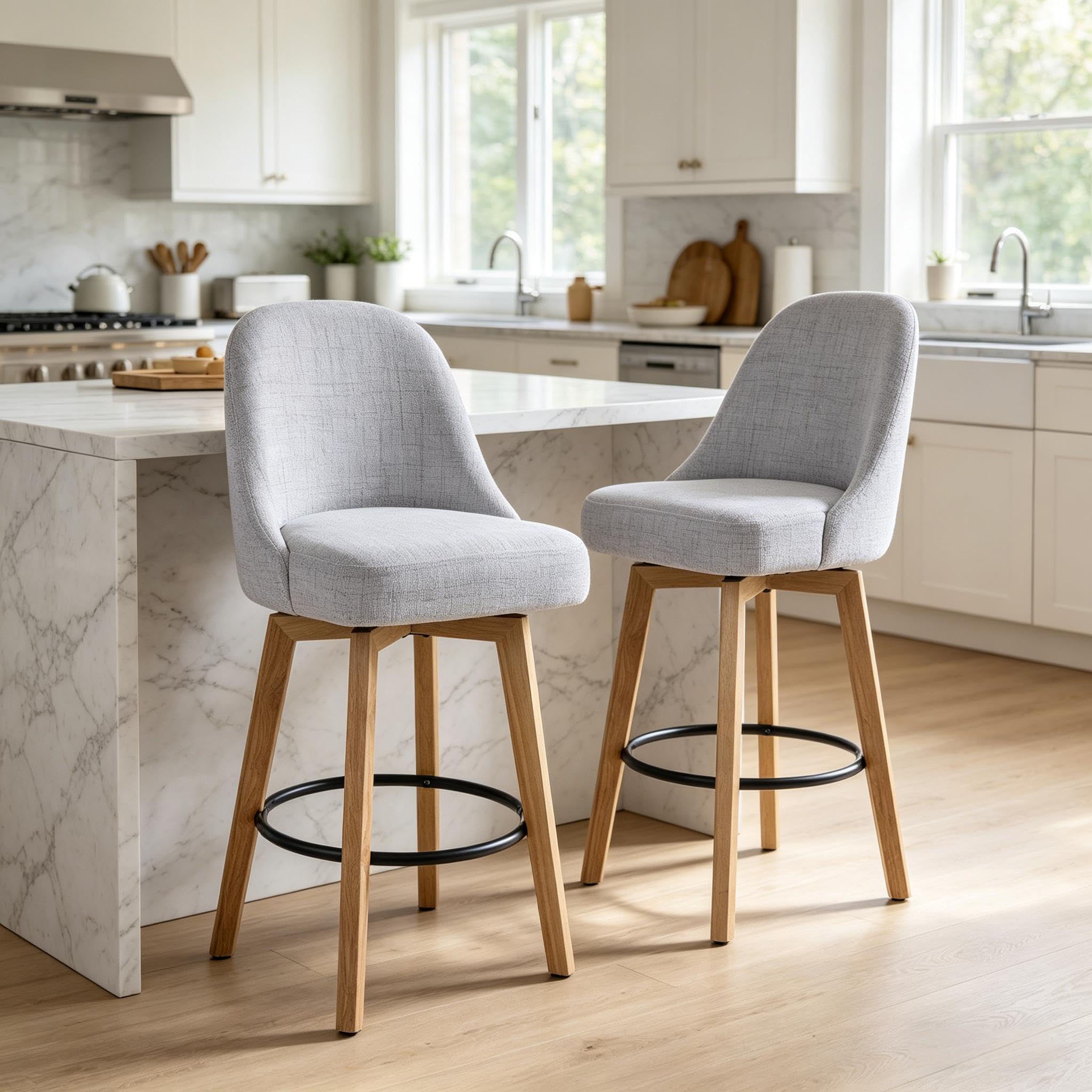 Warmiehomy Set of 2 Swivel Bar Stools, 65cm Seat Height Chenille Fabric Counter Stools with Solid Wood Legs, Modern Bar Chairs with Footrest for Kitchen Island, Home Bar (Grey, Set of 2)
