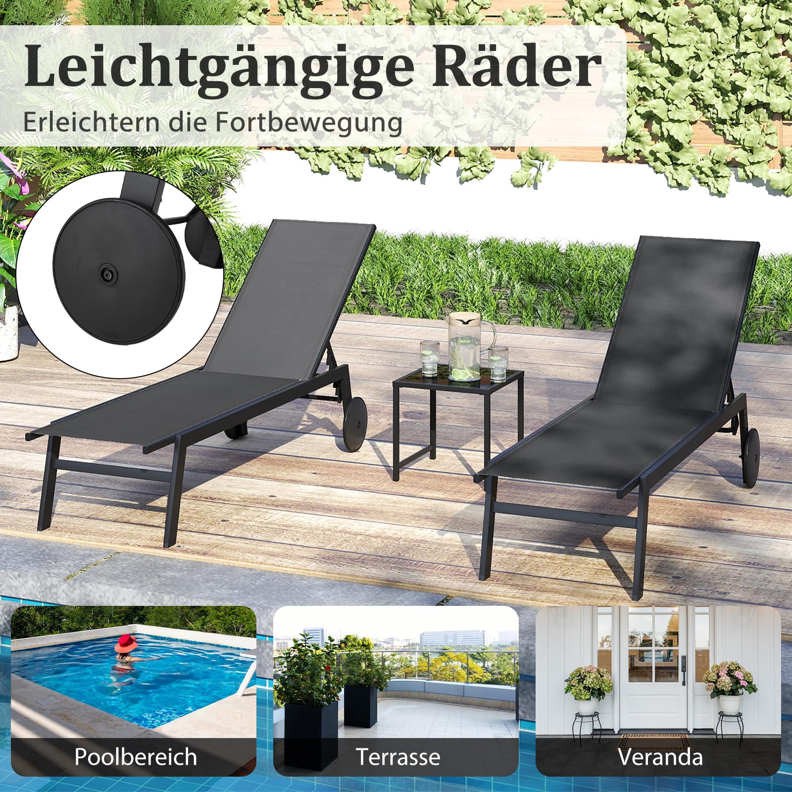 COSTWAY Sonnenliege mit Rollen und Beistelltisch, Gartenliege mit Verstellbarer Rückenlehne und schnelltrocknendem Stoff, Rollliege bis 150kg belastbar, Liegestuhl für Garten, Terrasse (Grau)