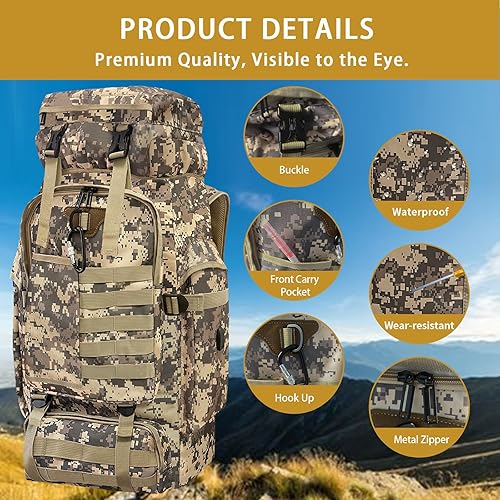 Miniatura 4 de Mochila de senderismo para campamento de 80 L, mochila táctica militar grande con puerto de carga USB, mochila de viaje impermeable con mosquetón,
