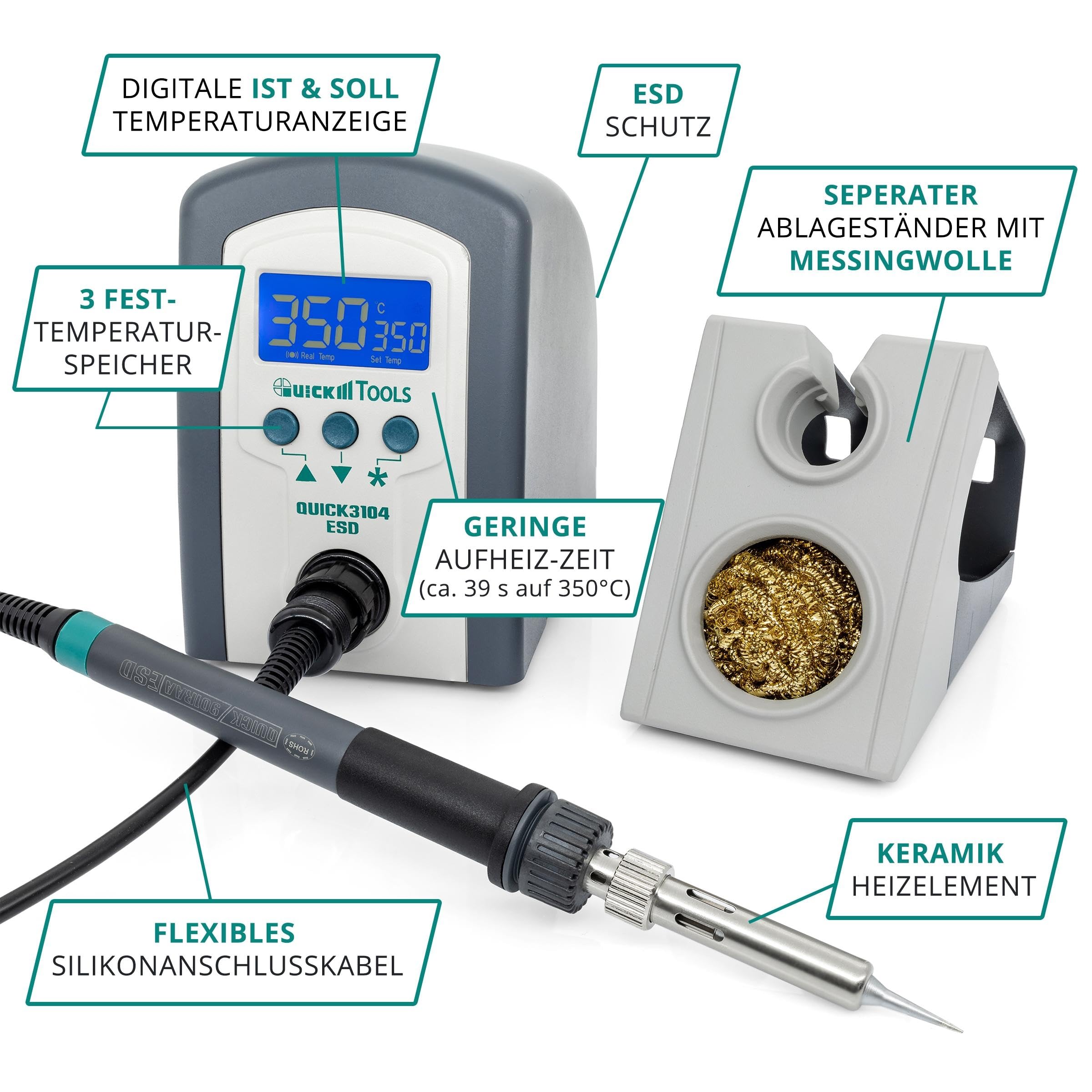 QUICK 3104 - Stazione di saldatura ESD regolabile digitale, 80 Watt, con saldatore con punta di saldatura da 2 mm e accessori, calibrabile da 100° a 450° C, protezione ESD