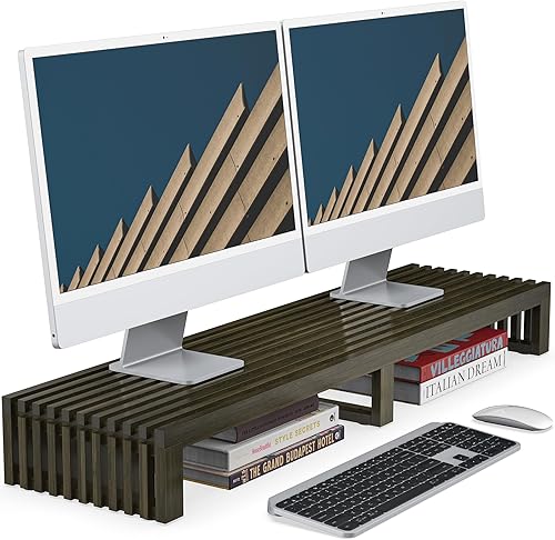 Soporte elevador para monitor, soporte de monitor doble de 39 pulgadas para computadora portátil, estante de escritorio de bambú con diseño de