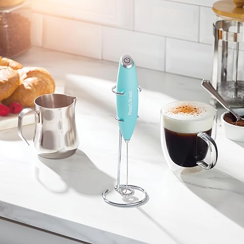 Miniatura 2 de Espumador de leche de mano potente, mini espumador de leche, mezclador de bebidas con batería (no incluida) de acero inoxidable con soporte para