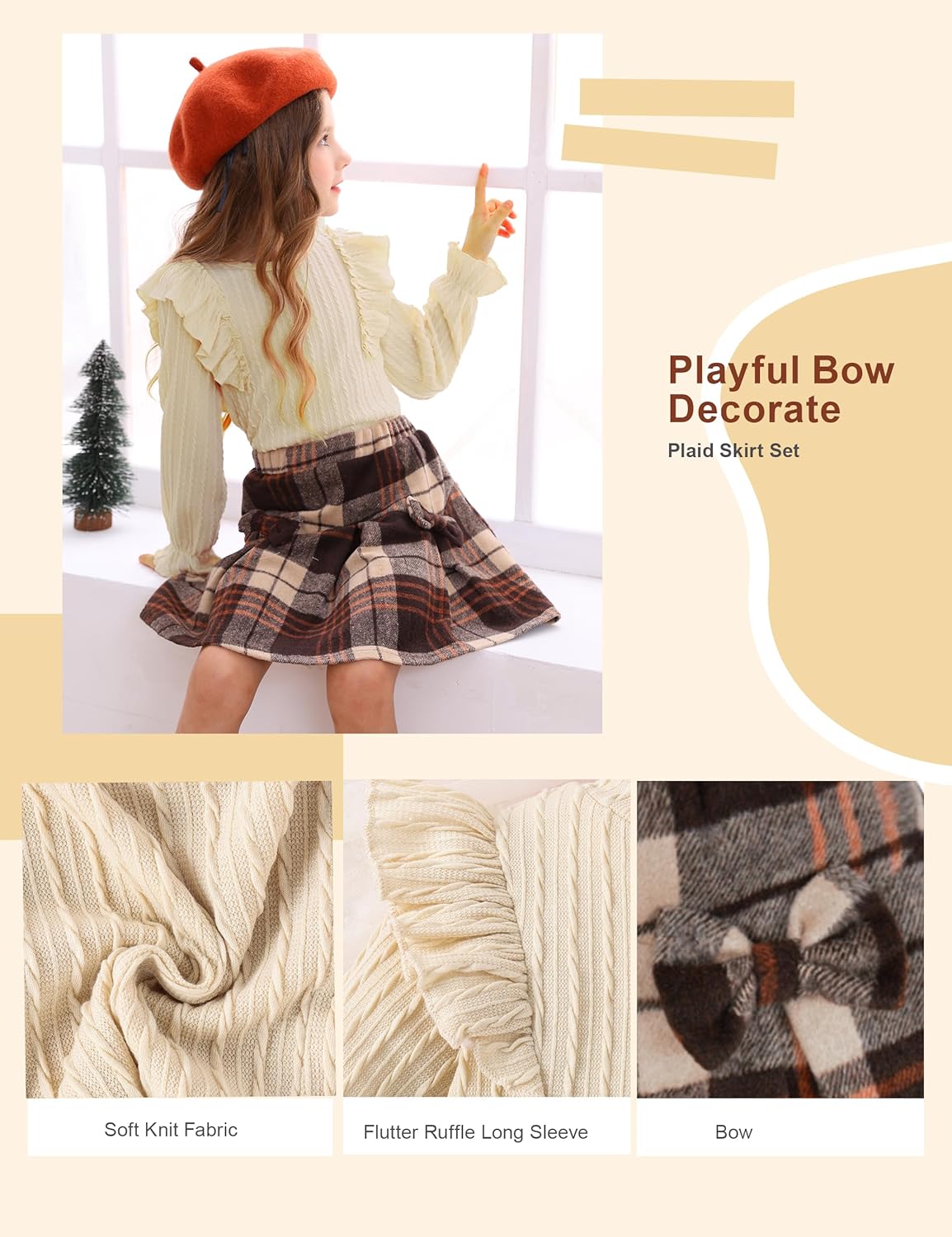 Toddler Girl Clothes Fall Winter Outfits Little Girl 2Pcs Ruffle Long Sleeve Knit Sweater Shirts Plaid Skirts Set - Image 5