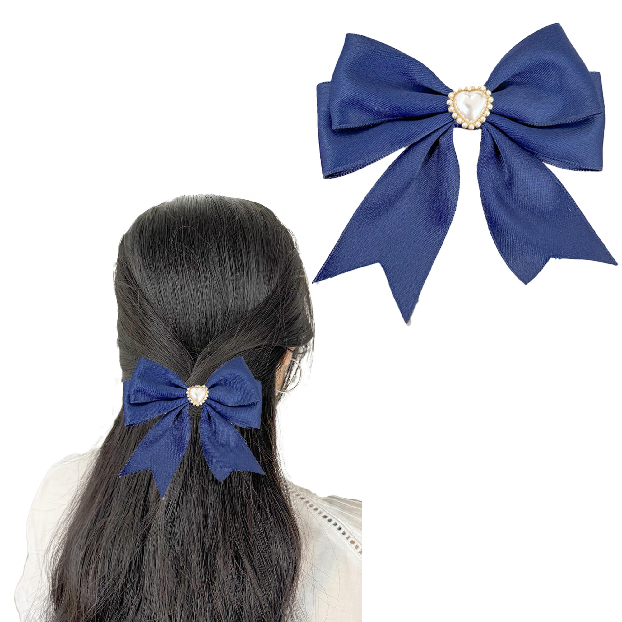 Amazon.co.jp: ハート型パール付きリボンクリップ ブルー ヘアクリップ
