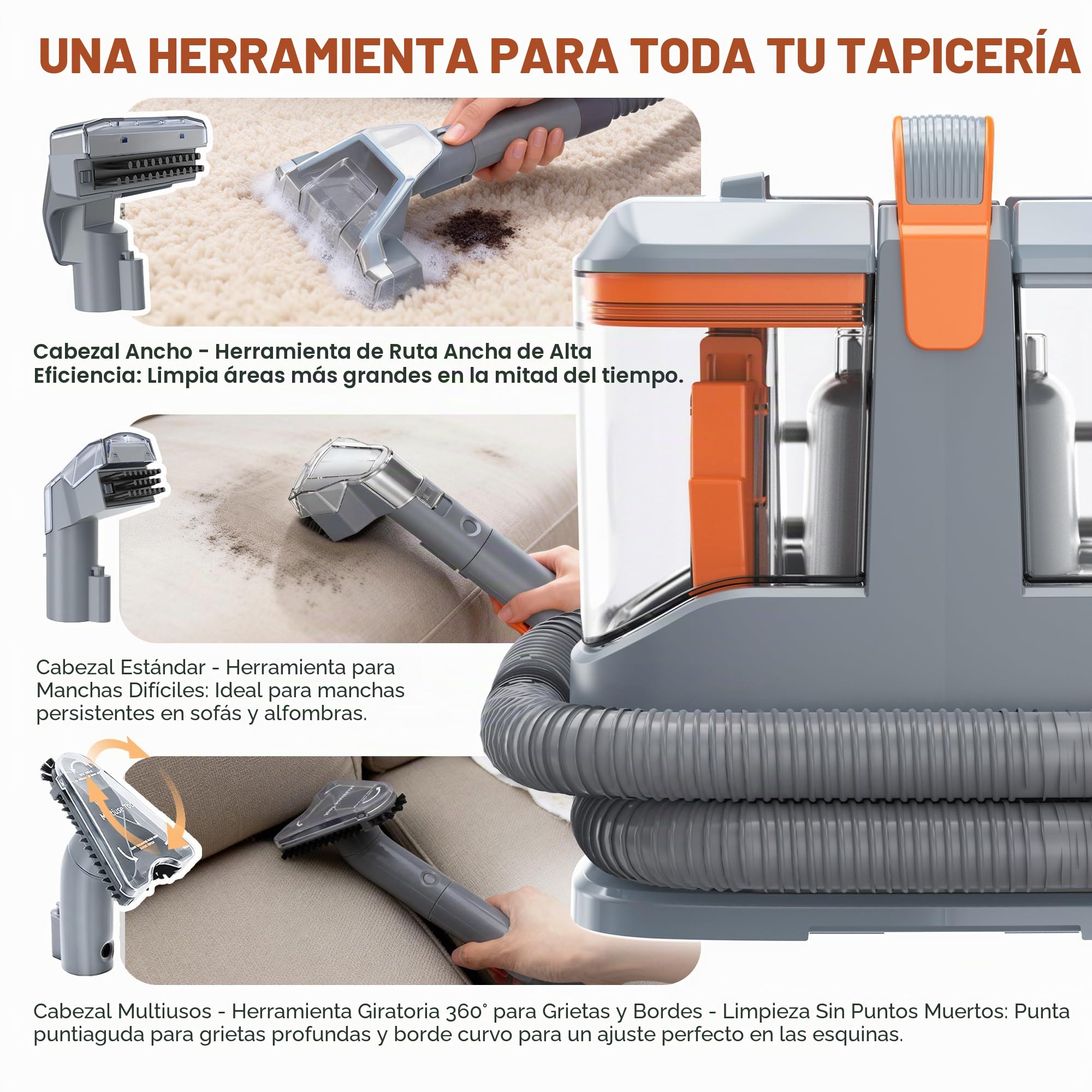 Limpiador de Tapicerías 450W 13kPa, Aspiradora de Agua para Tapicería y Sofá, Máquina para Limpiar Sofás, Alfombras y Colchones, con 3 Cepillos y Doble Depósito Autolimpiable, Portátil 2,6kg