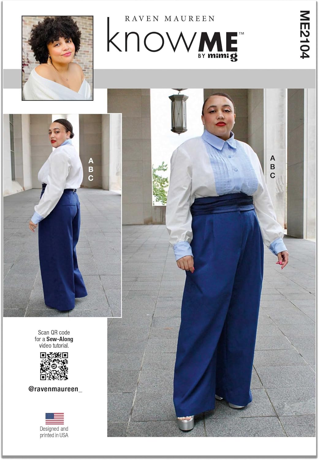 Know Me ME2104Y5 Misses' Button-Down Shirt, Wide Leg Pants and Cummerbund Sewing Pattern Packet by Raven Maureen, Design Code ME2104, Sizes 18-20-22-24-26