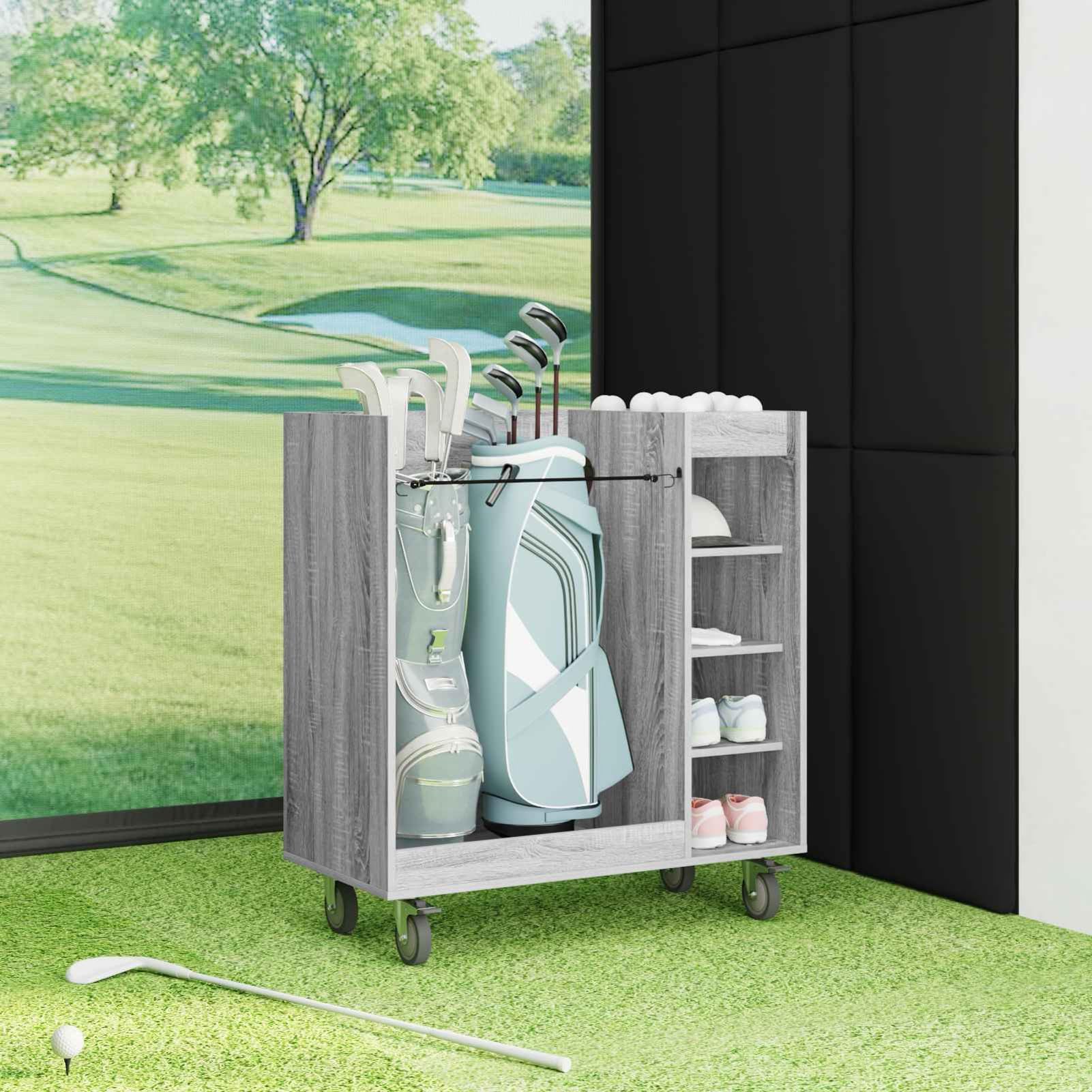Gecheer Golfschrank, freistehend mit Rädern, Grau Sonoma, 90 x 45 x 98 cm, Holz, Regale für Garage, Aufbewahrung, Golfzubehör