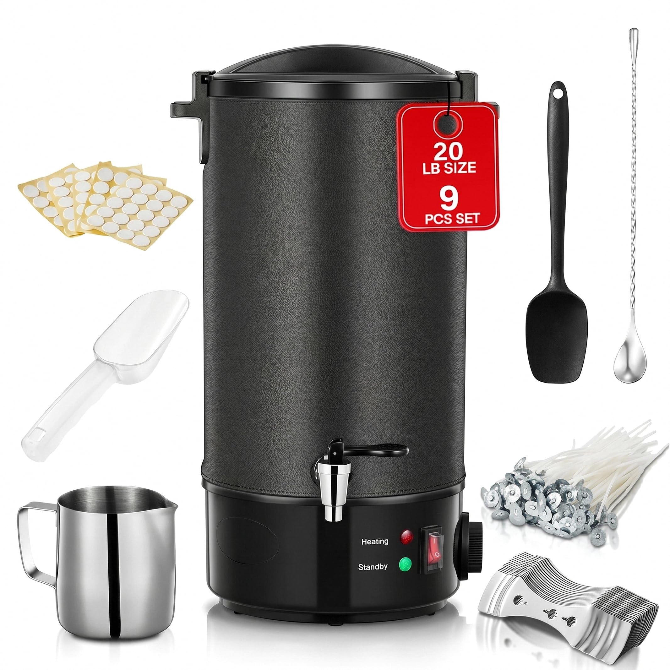 FOHERE Set per la creazione di candele fai da te, in acciaio inox, 1520 W, con custodia in pelle e spatola per la pulizia da 28 cm, per cera di soia, cera d'api, candele profumate fai da te
