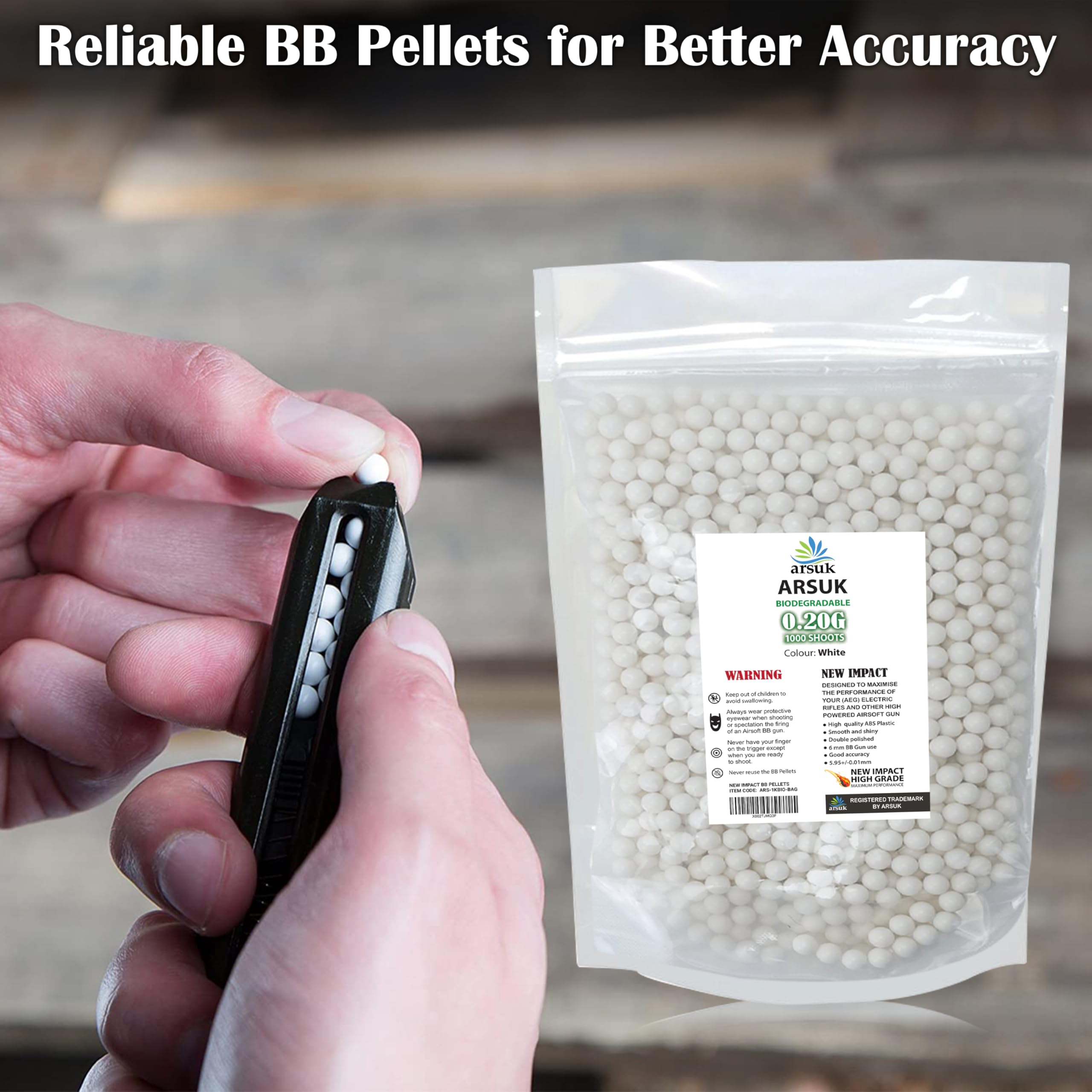 Arsuk Pallini Airsoft Biodegradabili 6 mm – Bianchi – 0,20 g Pellet Senza Giunture per Tiro – Munizioni Di Precisione con Finitura Liscia – Confezione da 1000 per Prestazioni Costanti