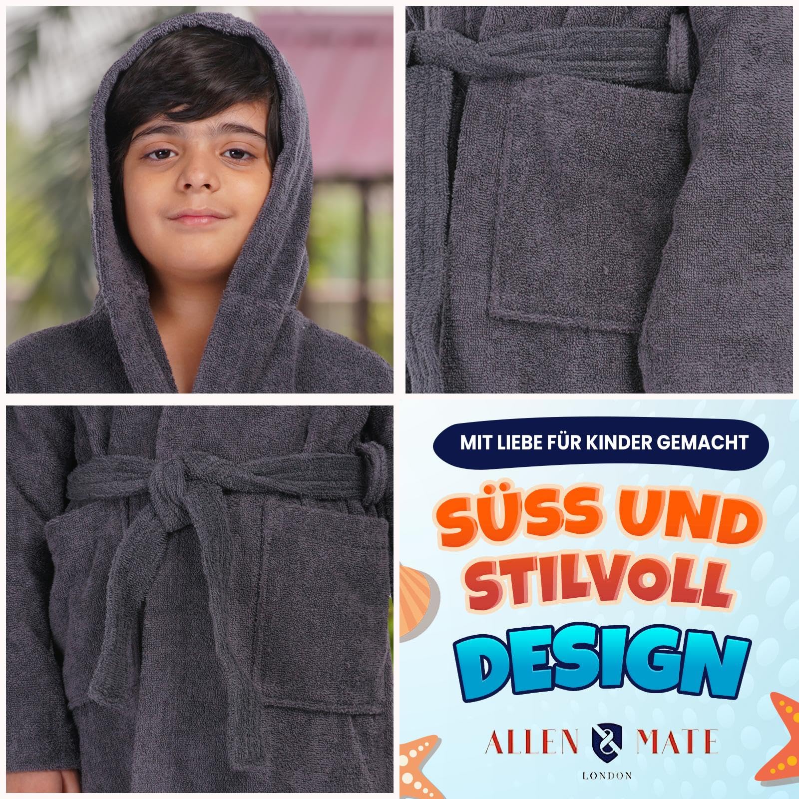 ALLEN & MATE 100% BAUMWOLLE Kinderbademantel mit Kapuze schnelltrocknend für Kinder Jungen und Mädchen Morgenmantel mit Handtuch und Taschen