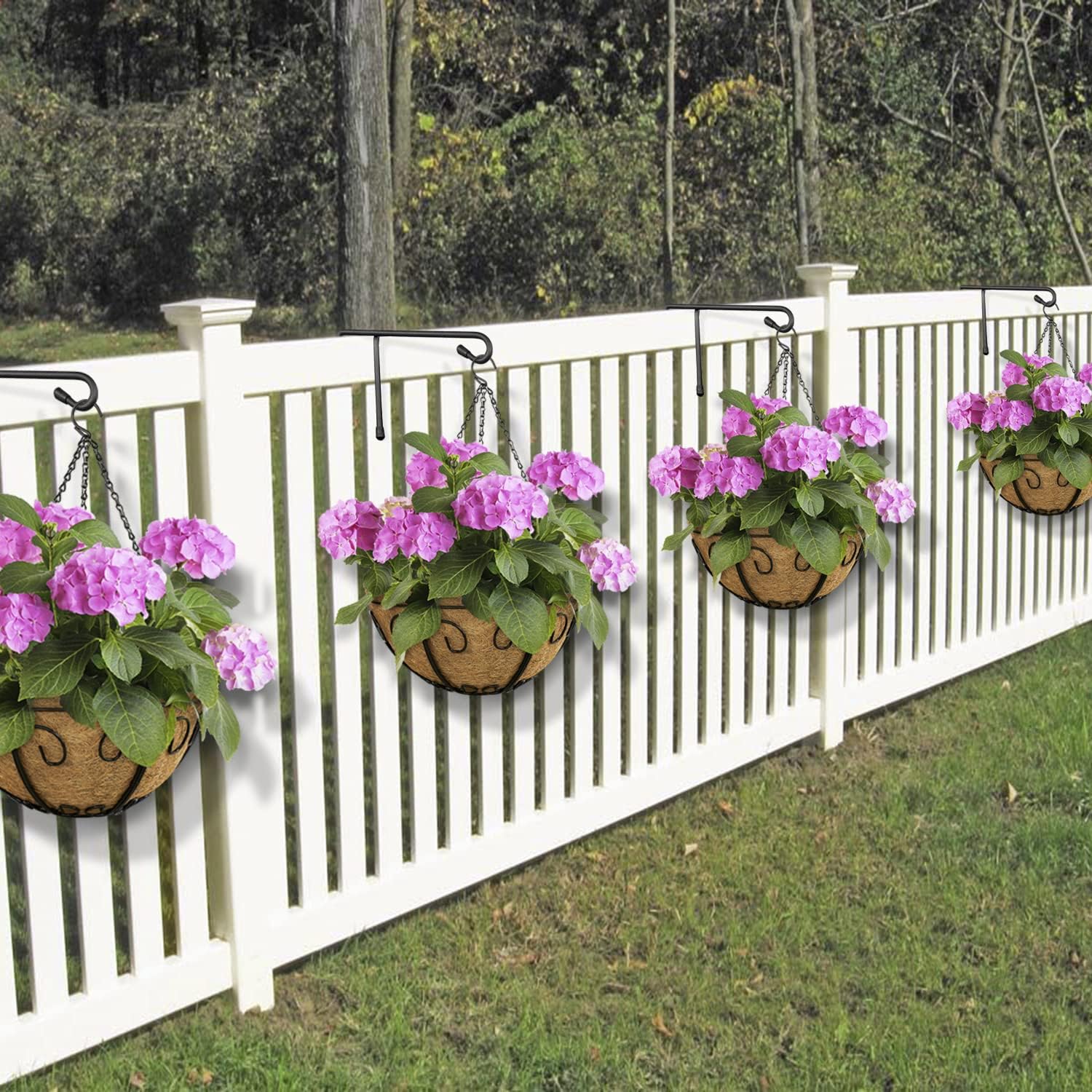 Vinyl Fence Hooks for Hanging, Heavy Duty Patio Hangers, Outdoor Fence Hangers for Hanging Flower Baskets, Wind Chimes, Planters, Bird Feeders, Lights, Lanterns - 6 Pack - Black Color