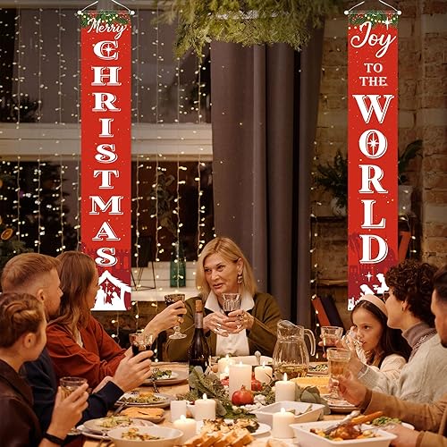 Miniatura 5 de Cartel de Navidad para puerta de Natividad con luces de alegría al mundo, pancarta religiosa para colgar en la puerta de la noche de Navidad,