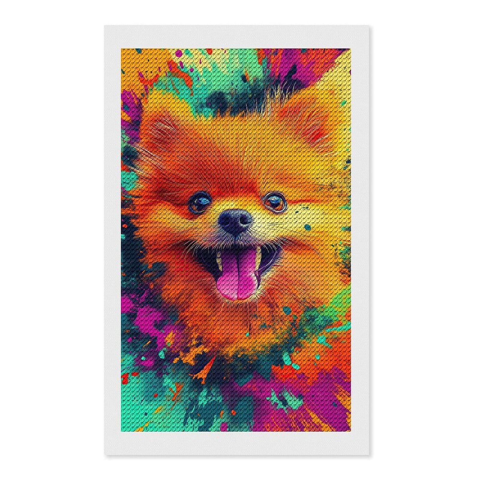 Junmoney Colorful Pomeranian Dog DIY Diamond Art Canvas Kit 12"x20", Winter Craft, Mindful Craft Project, Aesthetic Room Decor, Decor Project