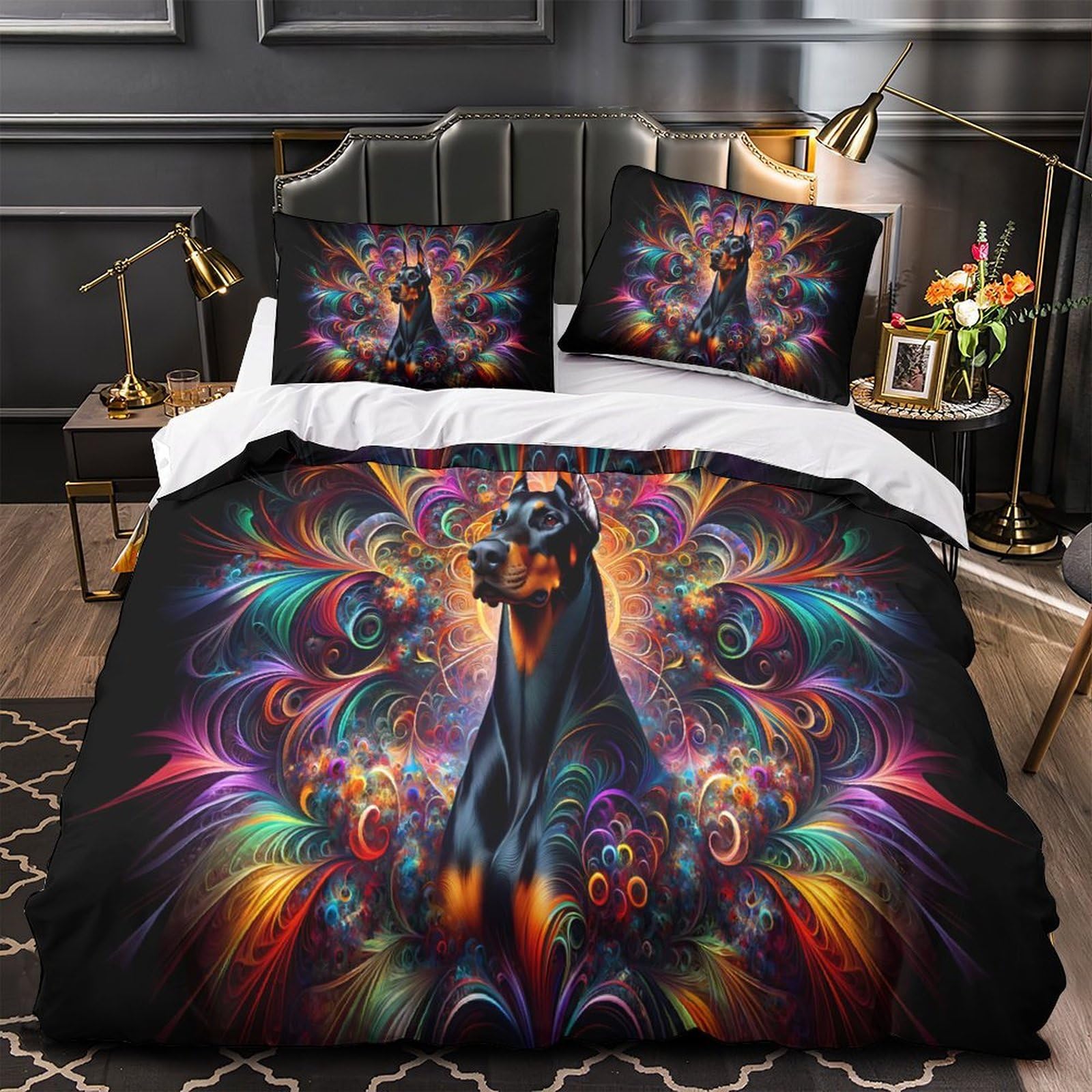 Linge de lit Doberman King 220x240cm avec housse de couette imprimée 3D éclair