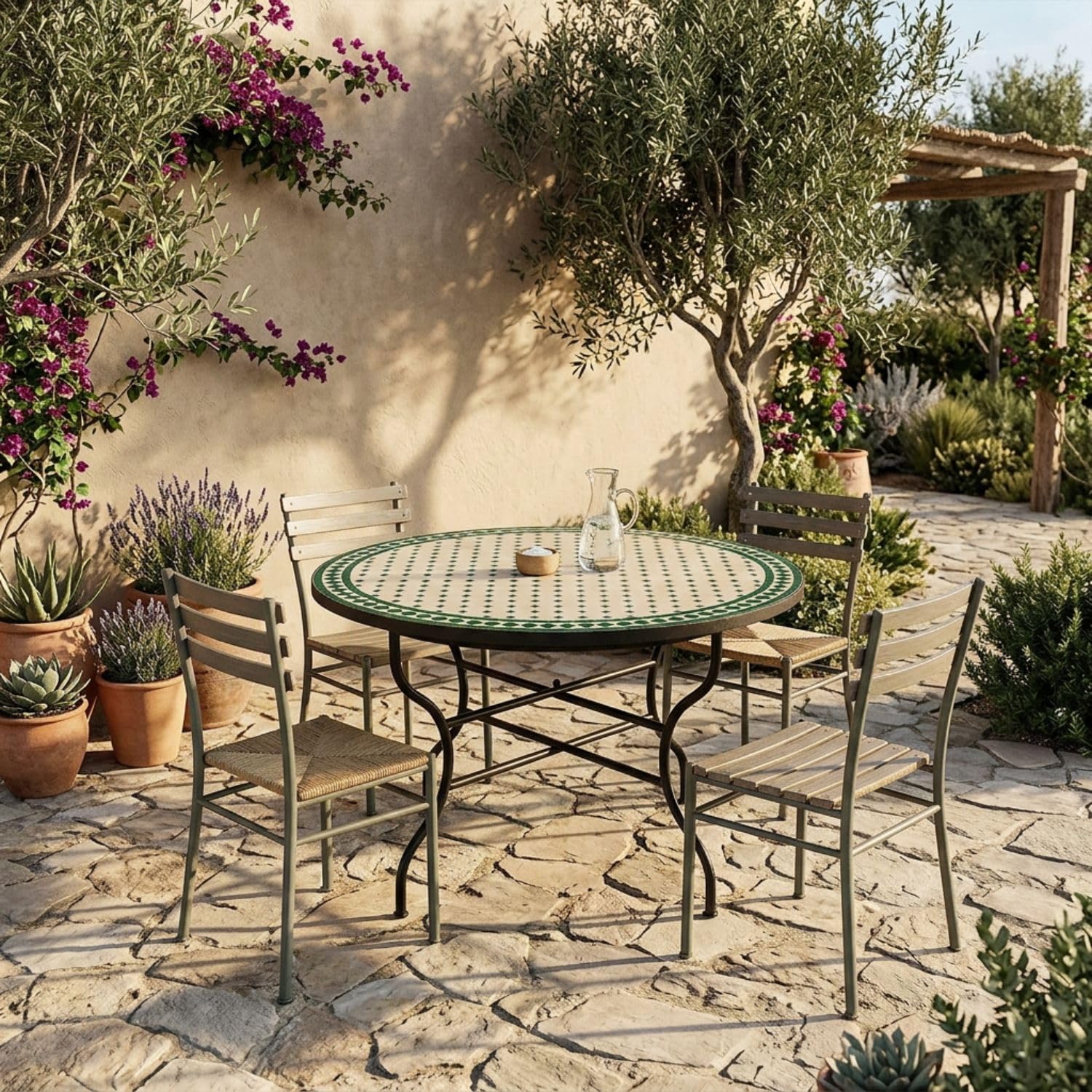 Tavolo a mosaico marocchino Marrakech, in ceramica, 120 cm, colore: beige/verde
