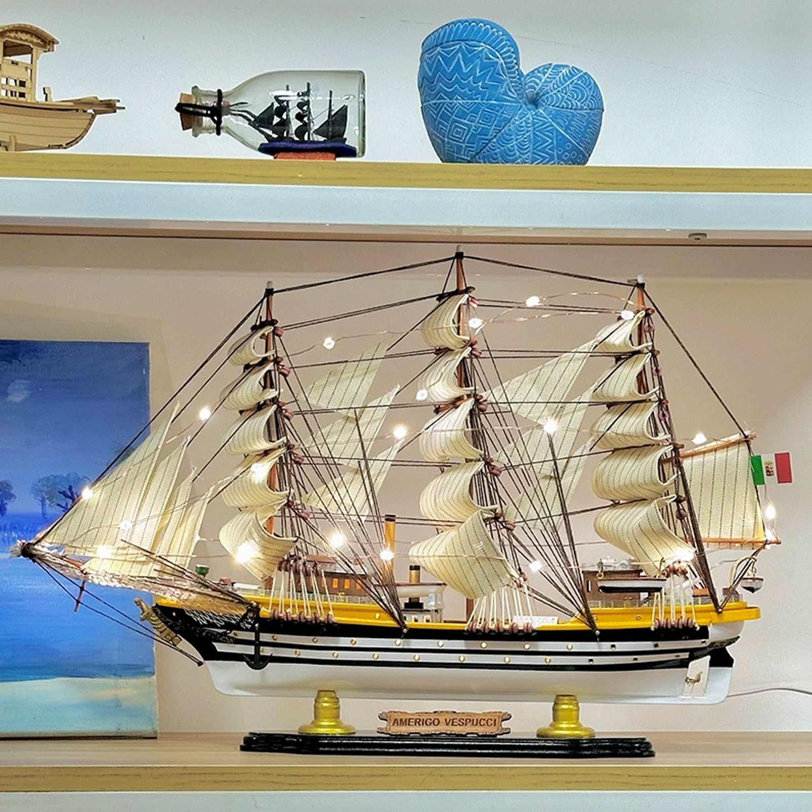 YLME Maquette de bateau en bois Amerigo Vespucci Maquette de voilier en bois massif Voilier en bois Décorations nautiques en bois Collection maison Pour offrir,52CM