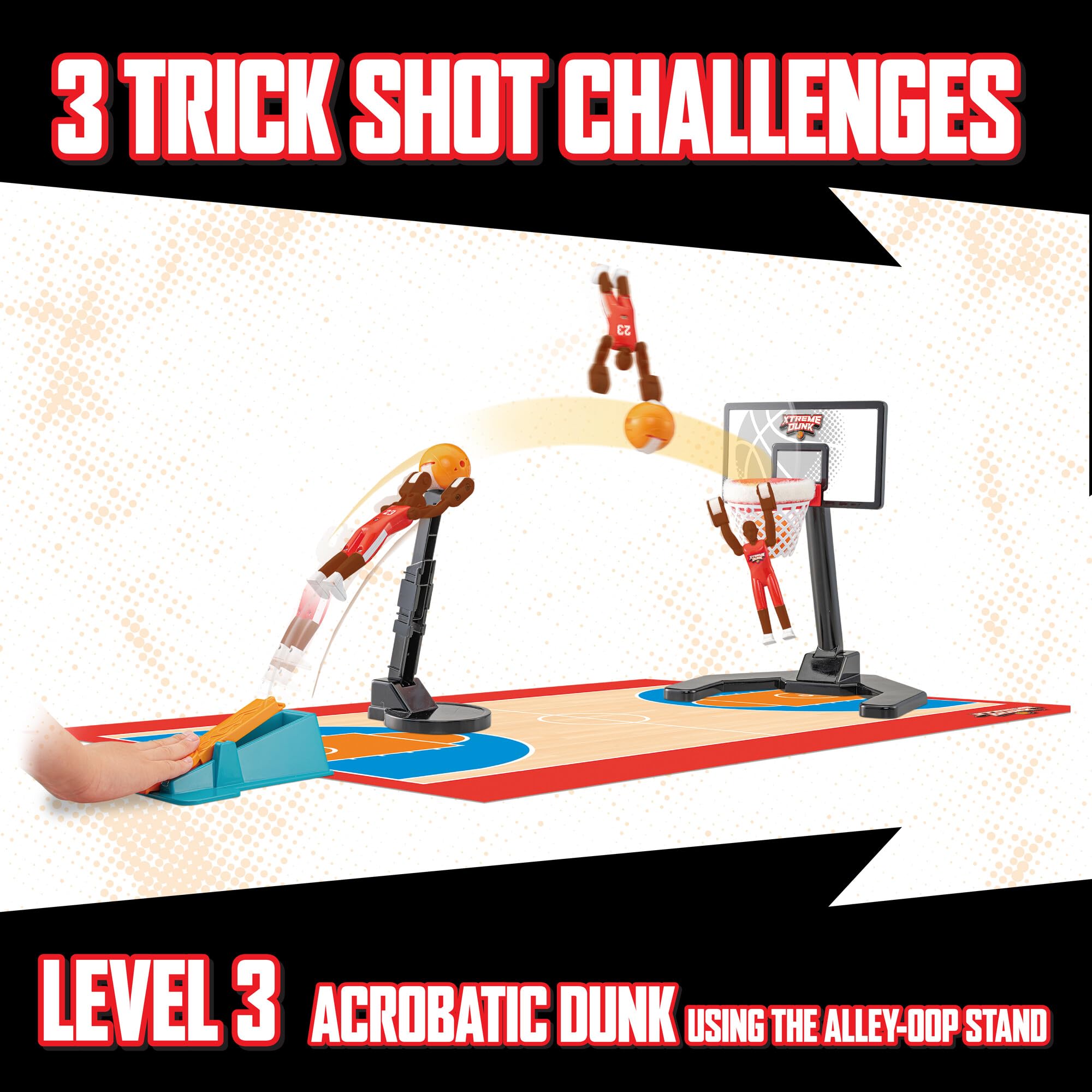 TOMY Xtreme Dunk - Gioco di pallacanestro, giocattolo ricco di azione per bambini, con rampa di lancio e funzione di lancio, Slam Dunks e Alley-Oops, 1-4 giocatori, dai 6 anni in su, senza batterie