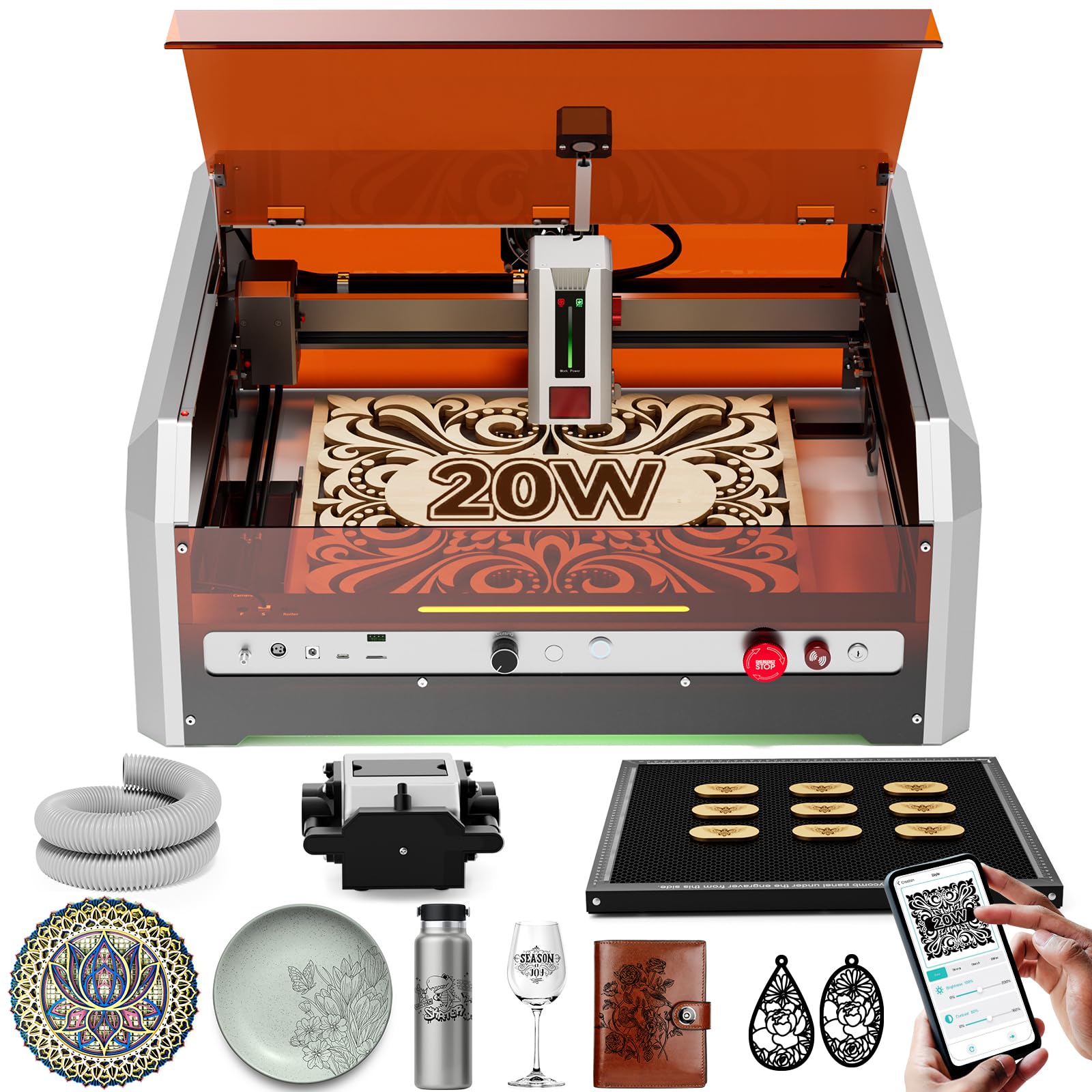 Laser Graviermaschine, Woxcker L8 20W Geschlossener Lasergravierer – Vormontiertes All-in-One-System mit Luftunterstützung, Kamera & Honigwabe, 40000 mm/min für Holz, Metall, Acryl, Glas, Edelstahl