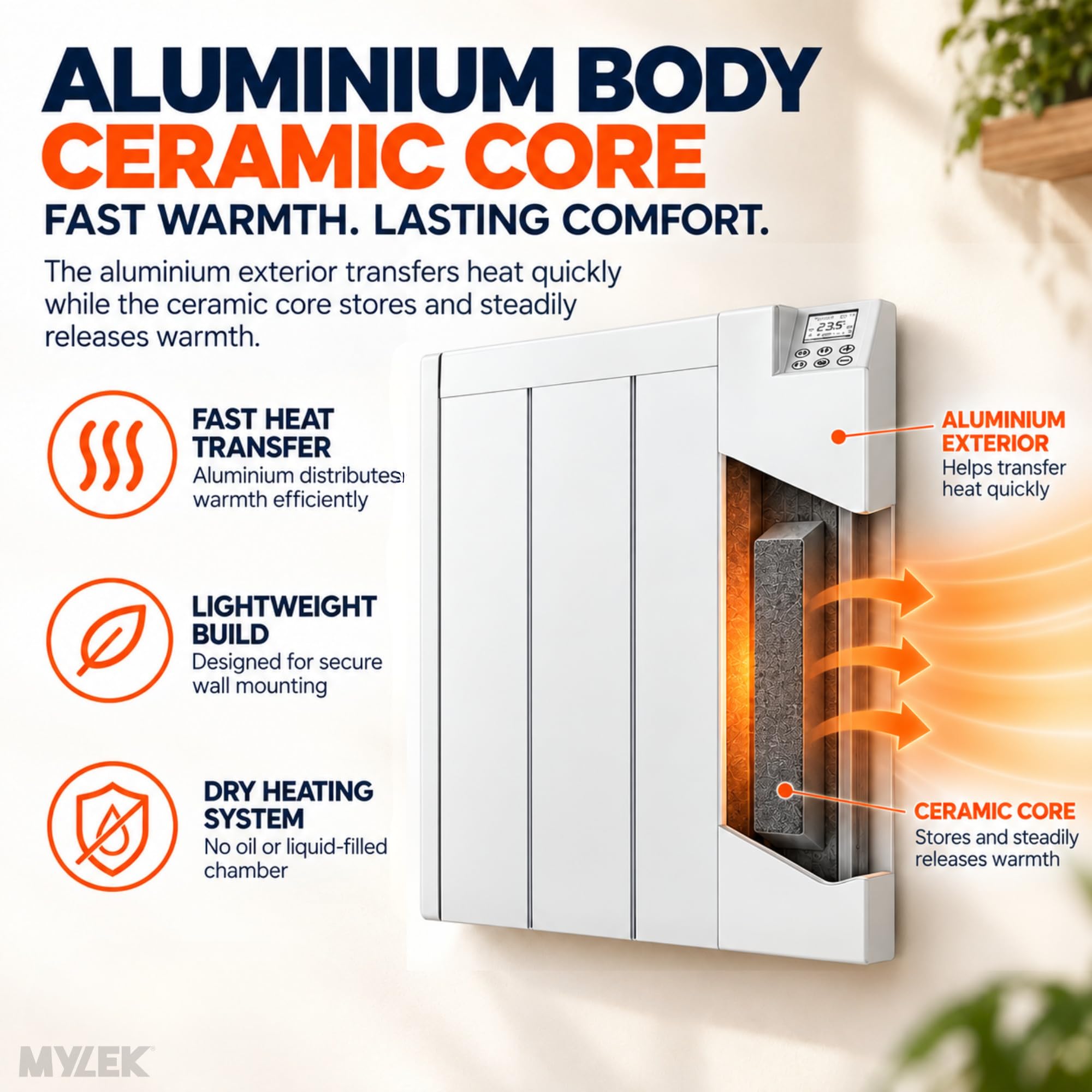 MYLEK,Radiatore elettrico a pannello in ceramica, con timer digitale programmabile da 1000 W, montaggio a parete, in alluminio, sottile, IP24, LOT 20, risparmio energetico (1000 W)