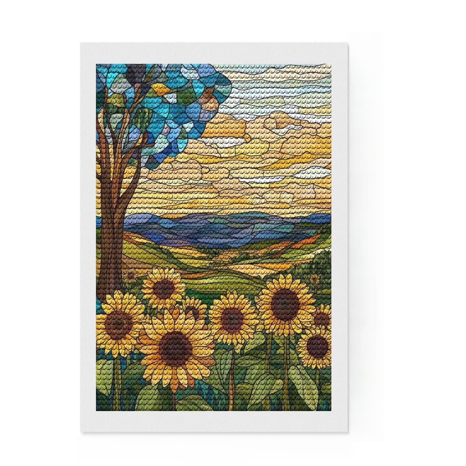 Junmoney Stained Glass Sunflower Field Diamond Painting Kit 8"x12", Mindful Craft Activity, Neat Printed Canvas, Modern Decor, Gift Idea, Adhesive Canvas