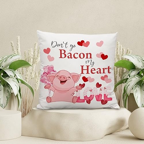 Miniatura 4 de Cojín de almohada rosa y rojo con globos de amor, funda de almohada de cerdo de animales de granja, Don't Bacon My Heart Farm Pig, fundas de