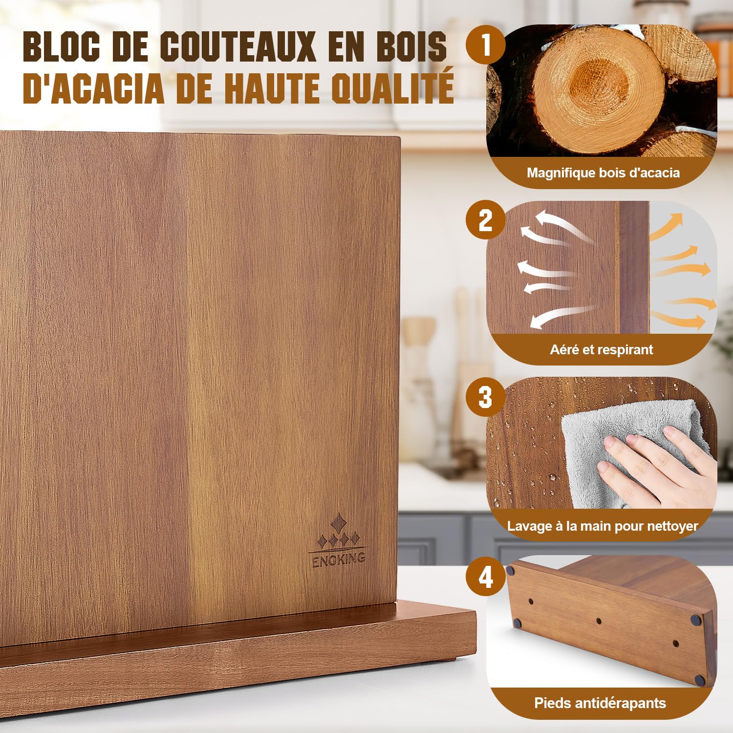 ENOKING Grand Bloc à Couteaux Magnétique 38,6 x 23 cm, Double Face Porte Couteaux Aimanté, Bloc Couteaux Cuisine en Bois d'Acacia, Range Couteau de Cuisine avec Aimant Puissant